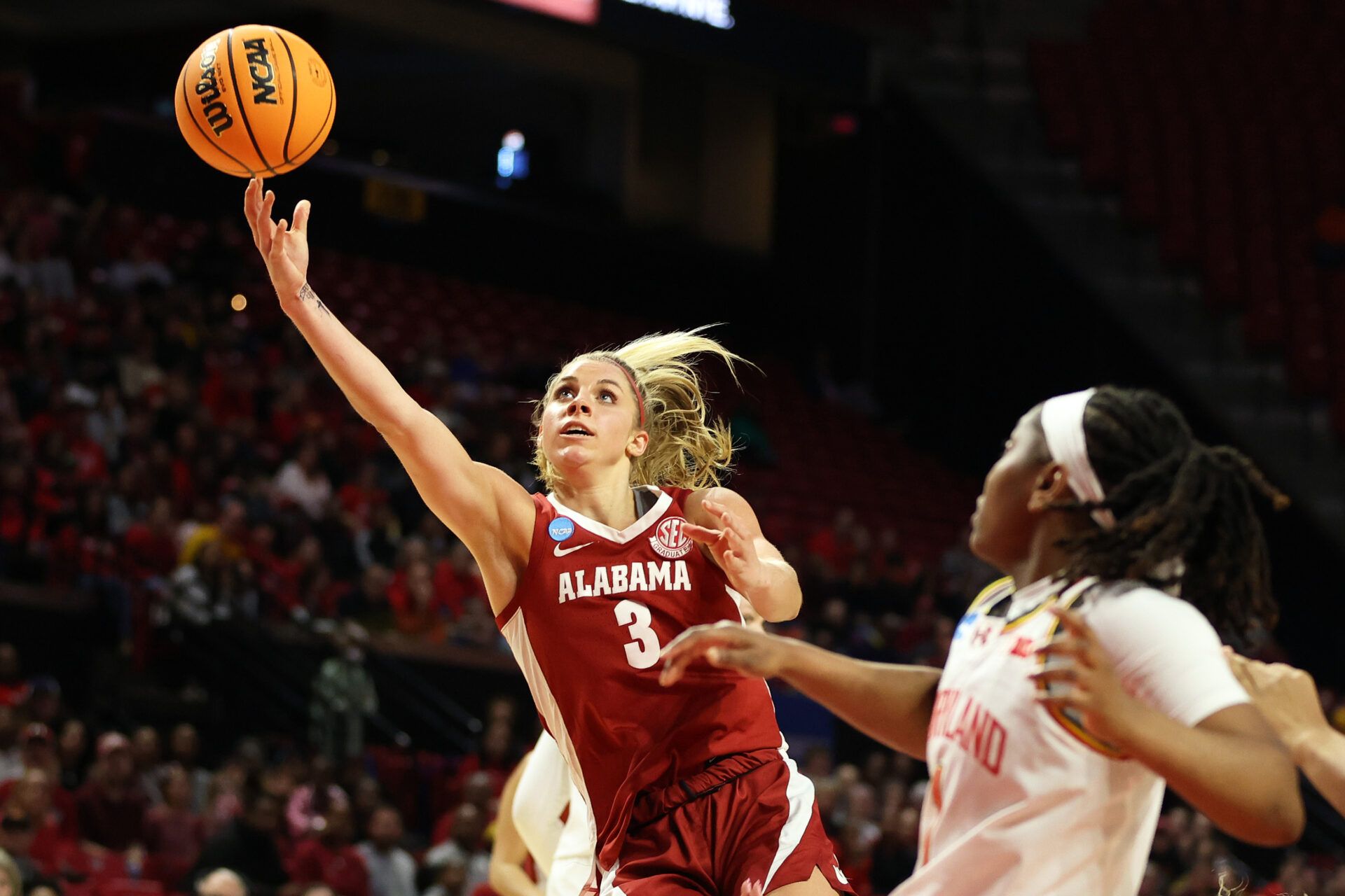 Mar 24, 2025; College Park, Maryland, USA; Alabama Crimson Tide guard Sarah Ashlee Barker (3) takes a shot over Maryland Terrapins guard Sarah Te-Biasu (1) during the first half at Xfinity Center. Mandatory Credit: Daniel Kucin Jr.-Imagn Images