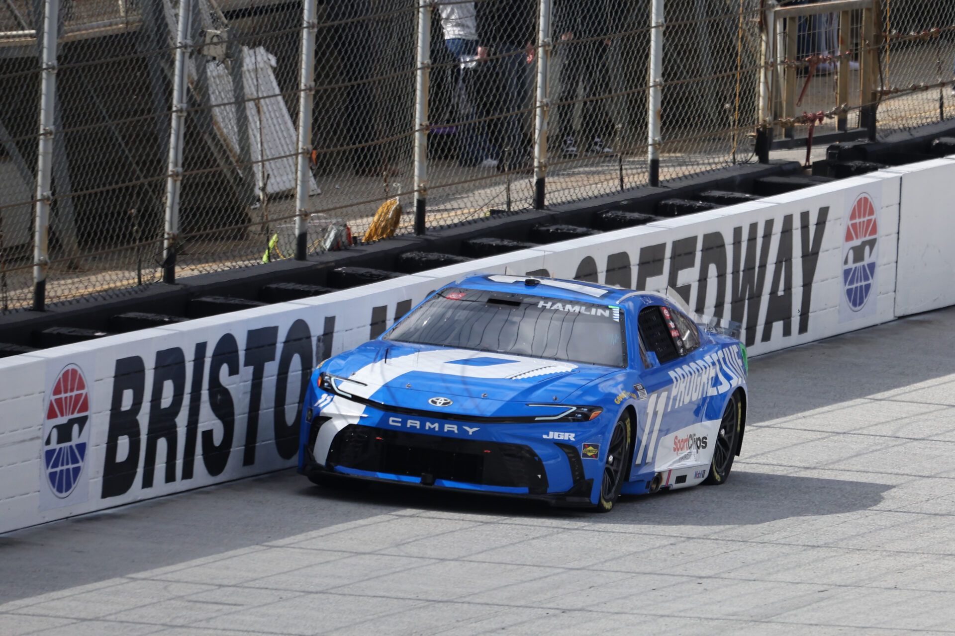 Apr 12, 2025; Bristol, Tennessee, USA; NASCAR Cup Series driver Denny Hamlin (11) during qualifying for the NASCAR Food City 500 at Bristol Motor Speedway. Mandatory Credit: Randy Sartin-Imagn Images