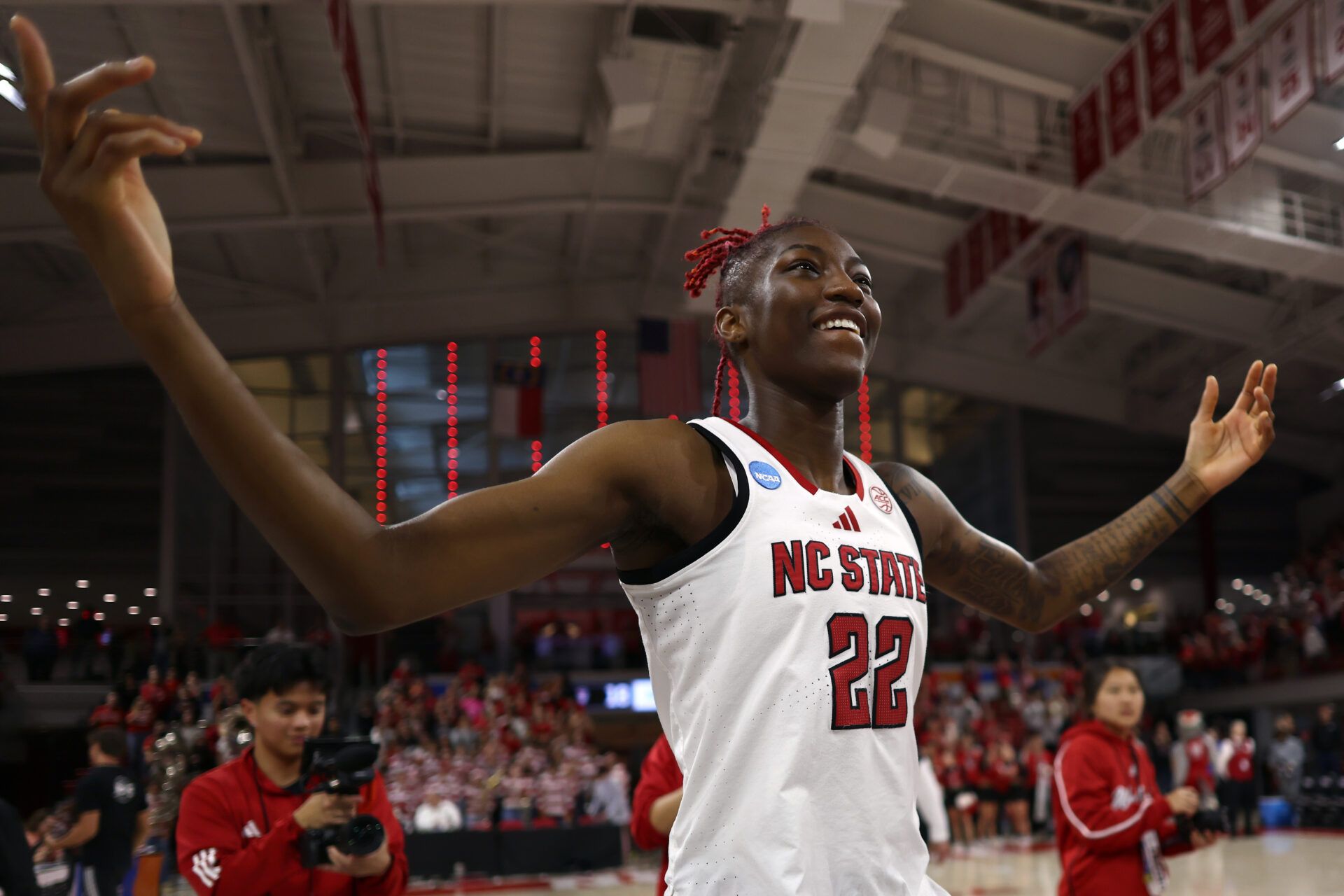 RALEIGH, NORTH CAROLINA - MARCH 24: Saniya Rivers #22 of the NC State Wolfpack celebrates a 83-49 win over the Michigan State Spartans in the second round of the NCAA Women's Basketball Tournament at Reynolds Coliseum on March 24, 2025 in Raleigh, North Carolina. (Photo by Jared C. Tilton/Getty Images)