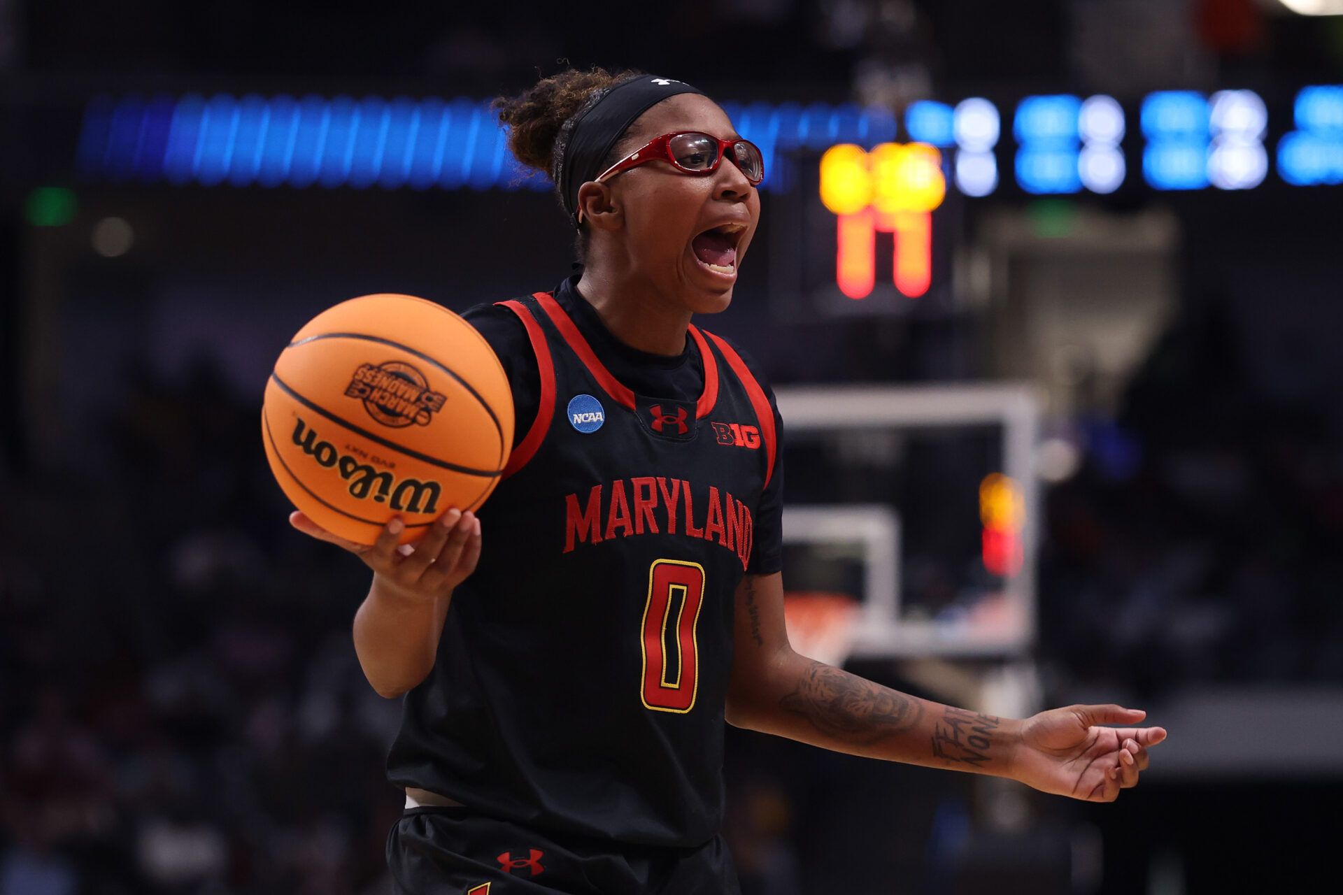 BIRMINGHAM, ALABAMA - MARCH 28: Shyanne Sellers #0 of the Maryland Terrapins reacts during the second half against the South Carolina Gamecocks in the Sweet Sixteen round of the NCAA Women's Basketball Tournament at Legacy Arena at the BJCC on March 28, 2025 in Birmingham, Alabama. (Photo by Sarah Stier/Getty Images)
