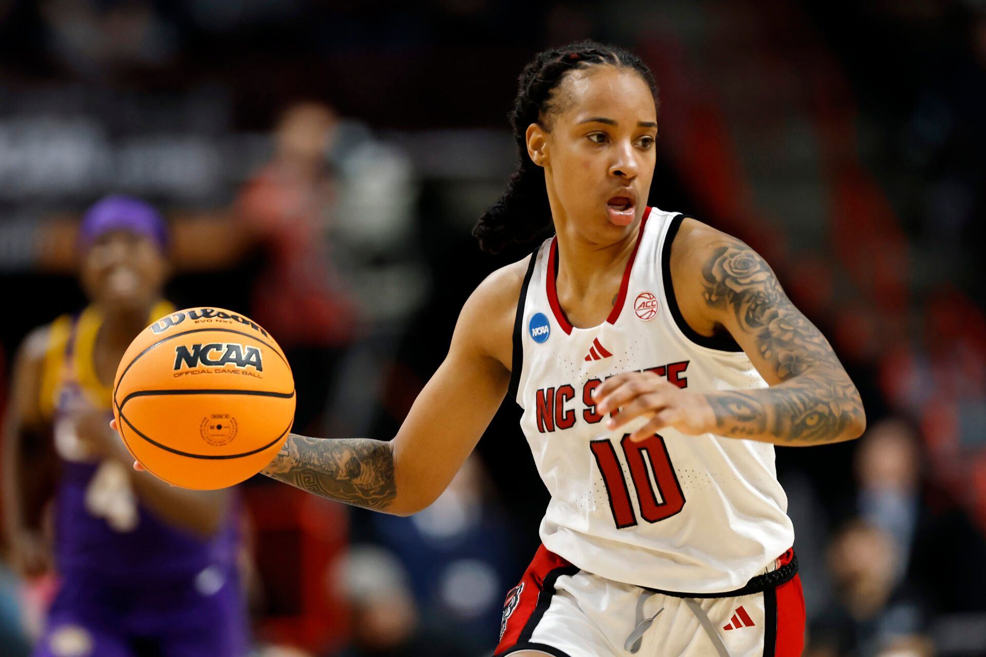 SPOKANE, WASHINGTON - MARCH 28: Aziaha James #10 of the NC State Wolfpack dribbles the ball in the third quarter against the LSU Lady Tigers in the Sweet Sixteen round of the NCAA Women's Basketball Tournament at Spokane Arena on March 28, 2025 in Spokane, Washington. (Photo by Alika Jenner/Getty Images)