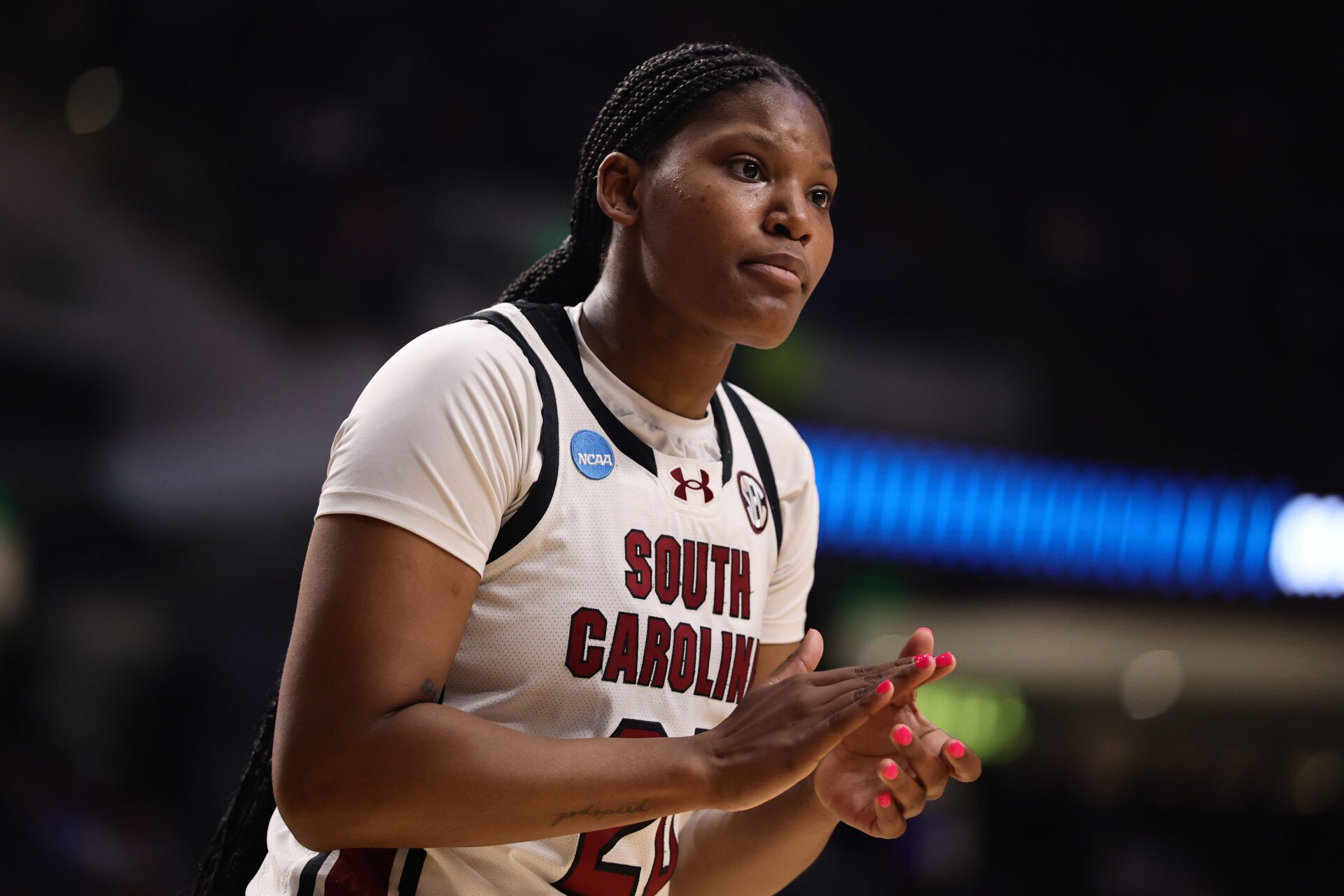 BIRMINGHAM, ALABAMA - MARCH 28: Sania Feagin #20 of the South Carolina Gamecocks reacts during the first half against the Maryland Terrapins in the Sweet Sixteen round of the NCAA Women's Basketball Tournament at Legacy Arena at the BJCC on March 28, 2025 in Birmingham, Alabama. (Photo by Carmen Mandato/Getty Images)