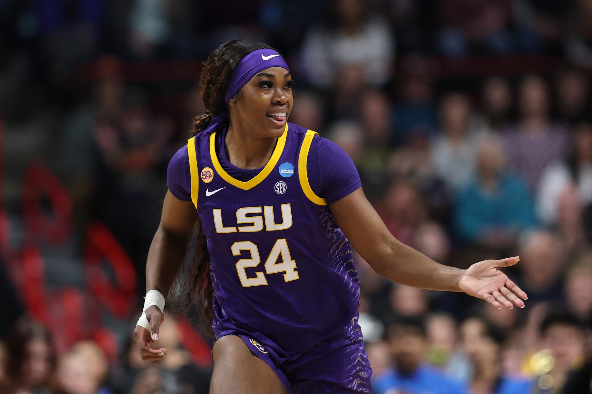 SPOKANE, WASHINGTON - MARCH 30: Aneesah Morrow #24 of the LSU Lady Tigers reacts against the UCLA Bruins during the second quarter in the Elite Eight round of the NCAA Women's Basketball Tournament at Spokane Arena on March 30, 2025 in Spokane, Washington. (Photo by Steph Chambers/Getty Images)