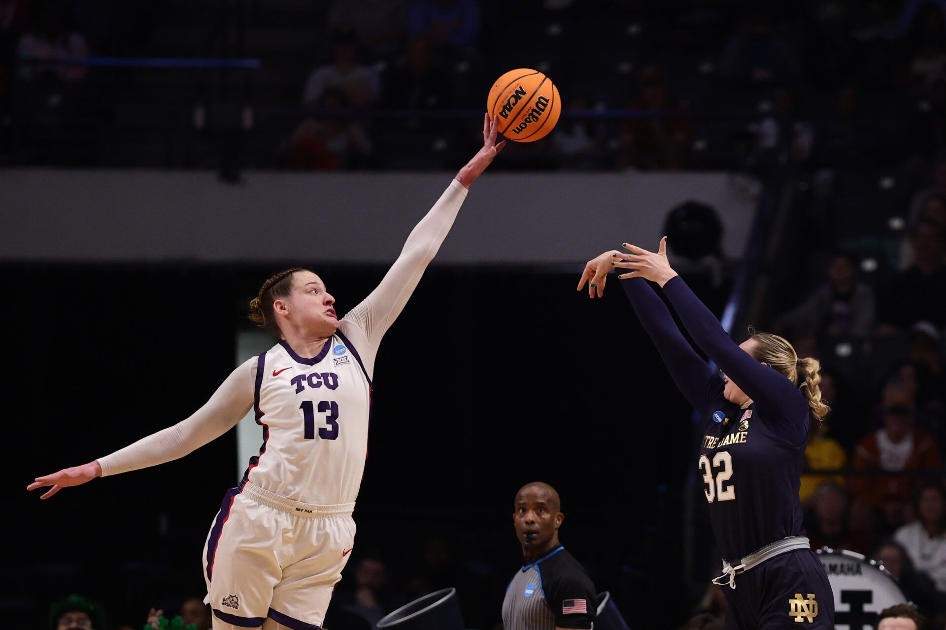 BIRMINGHAM, ALABAMA - MARCH 29: Sedona Prince #13 of the TCU Horned Frogs blocks the shot of Liza Karlen #32 of the Notre Dame Fighting Irish during the second half in the Sweet Sixteen round of the NCAA Women's Basketball Tournament at Legacy Arena at the BJCC on March 29, 2025 in Birmingham, Alabama. (Photo by Carmen Mandato/Getty Images)