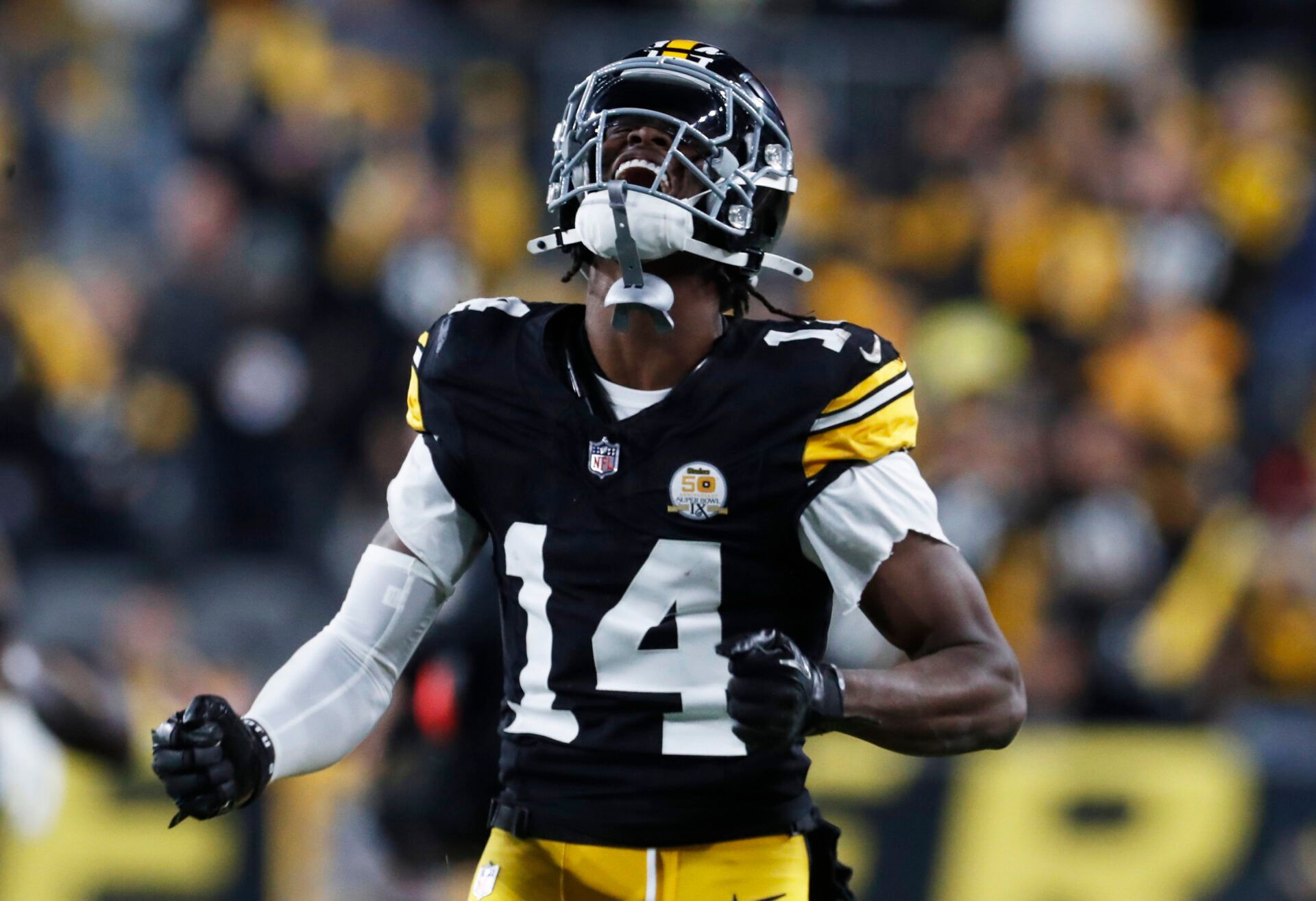 Oct 20, 2024; Pittsburgh, Pennsylvania, USA; Pittsburgh Steelers wide receiver George Pickens (14) reacts after making a catch against the New York Jets during the second quarter at Acrisure Stadium. Mandatory Credit: Charles LeClaire-Imagn Images