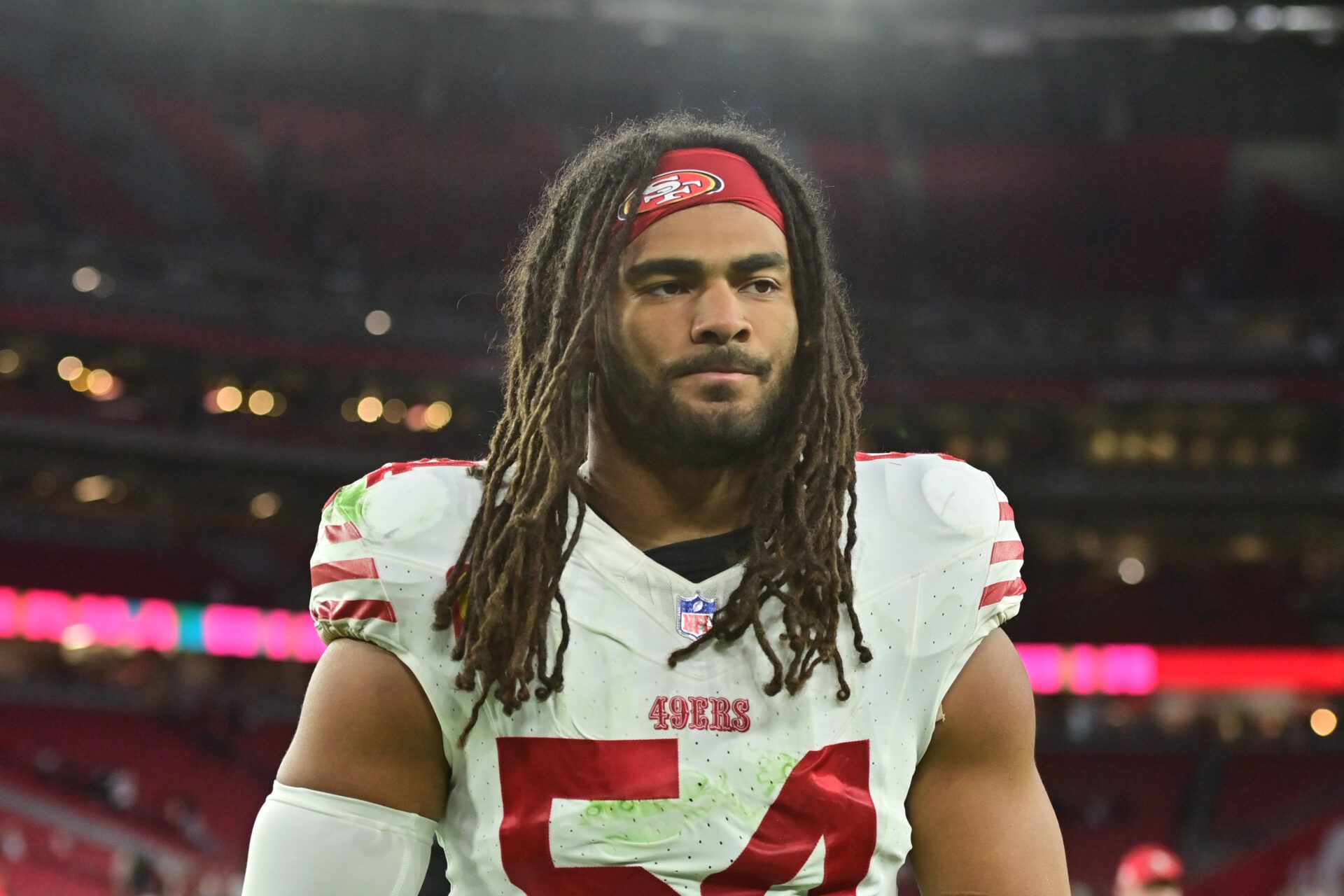 Jan 5, 2025; Glendale, Arizona, USA; San Francisco 49ers linebacker Fred Warner (54) looks on after losing to the Arizona Cardinals at State Farm Stadium. Mandatory Credit: Matt Kartozian-Imagn Images