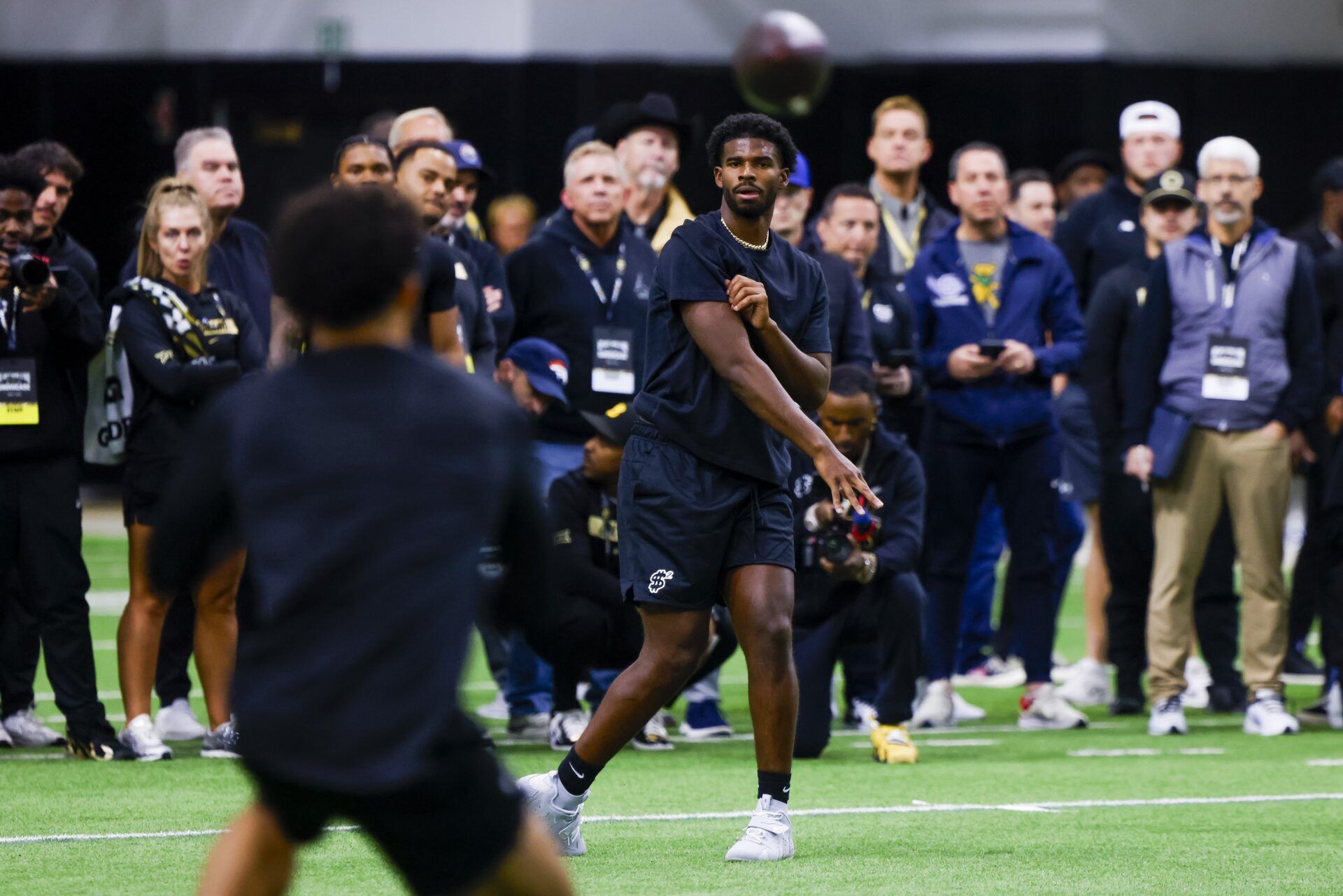 Apr 4, 2025; Boulder, CO, USA; Colorado Buffaloes quarterback Shedeur Sanders (2) passes the ball at the University of Colorado NFL Showcase at the CU Indoor Practice Facility. Mandatory Credit: Michael Ciaglo-Imagn Images