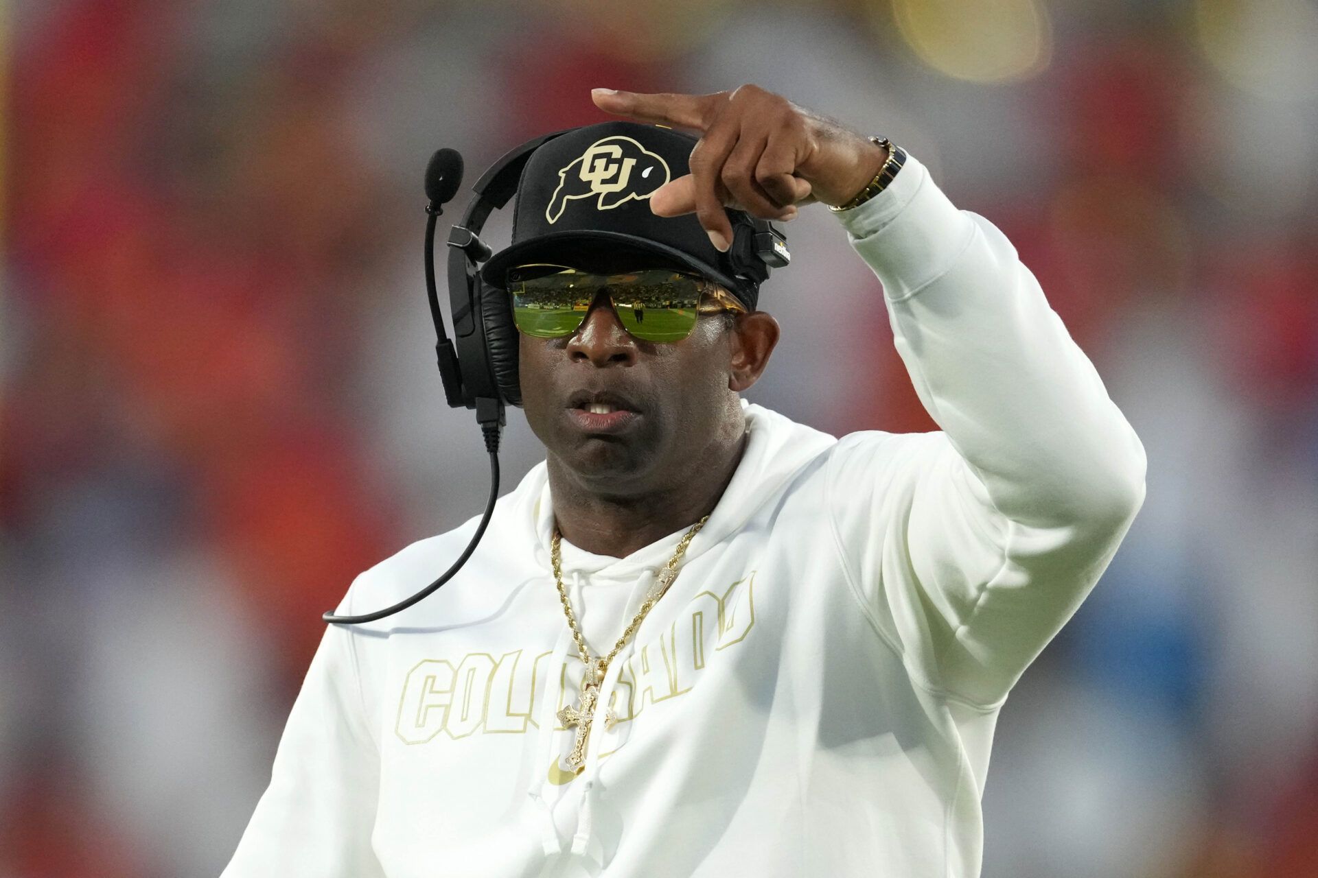 Oct 28, 2023; Pasadena, California, USA; Colorado Buffaloes head coach Deion Sanders reacts against the UCLA Bruins in the first half at Rose Bowl. Mandatory Credit: Kirby Lee-USA TODAY Sports