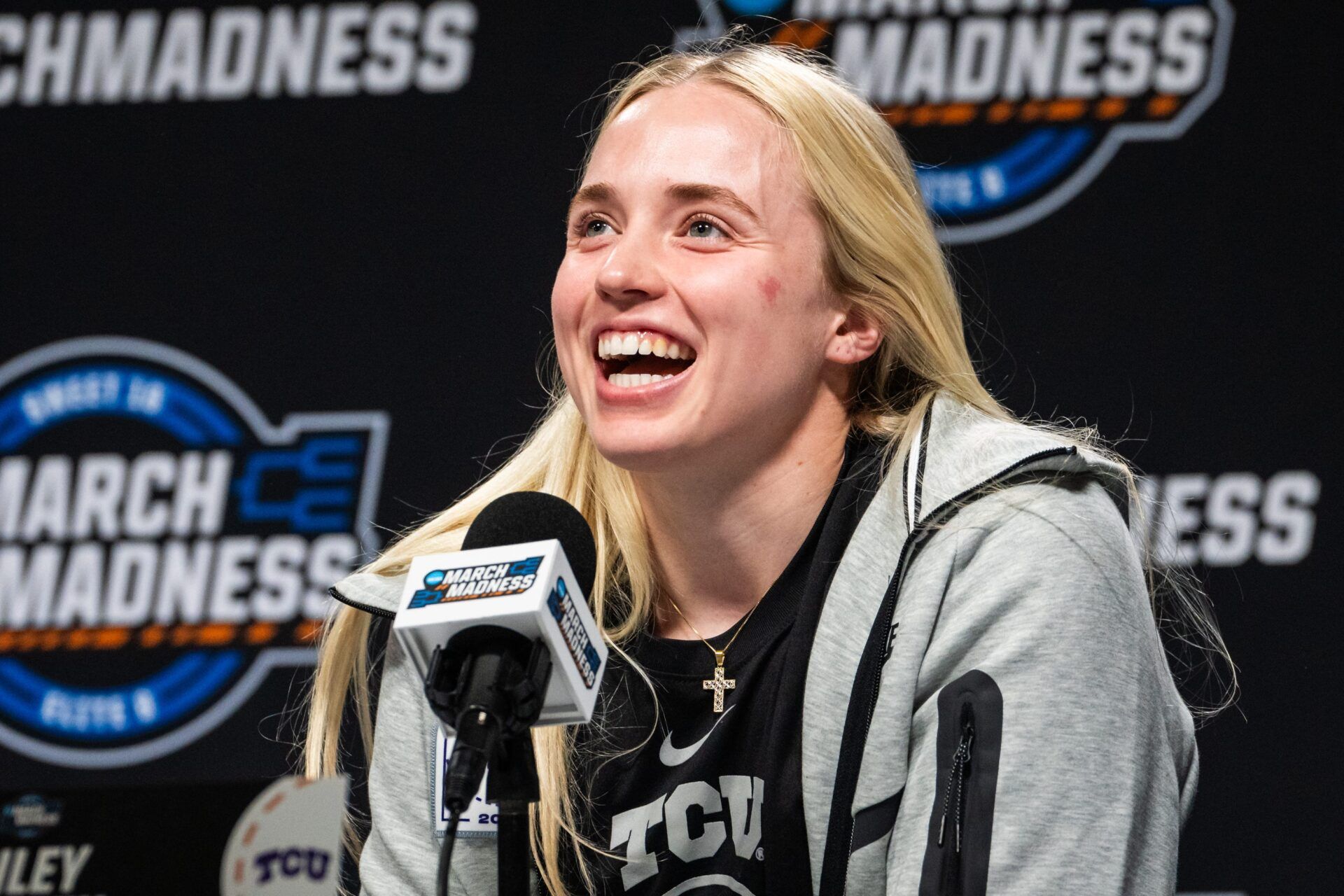 TCU guard Hailey Van Lith (10) speaks to the media during a press conference ahead of the Regional Finals of the NCAA Women's Tournament in Birmingham, Alabama, March 30, 2025. TCU will face the Texas Longhorns in the Elite Eight on Monday night.