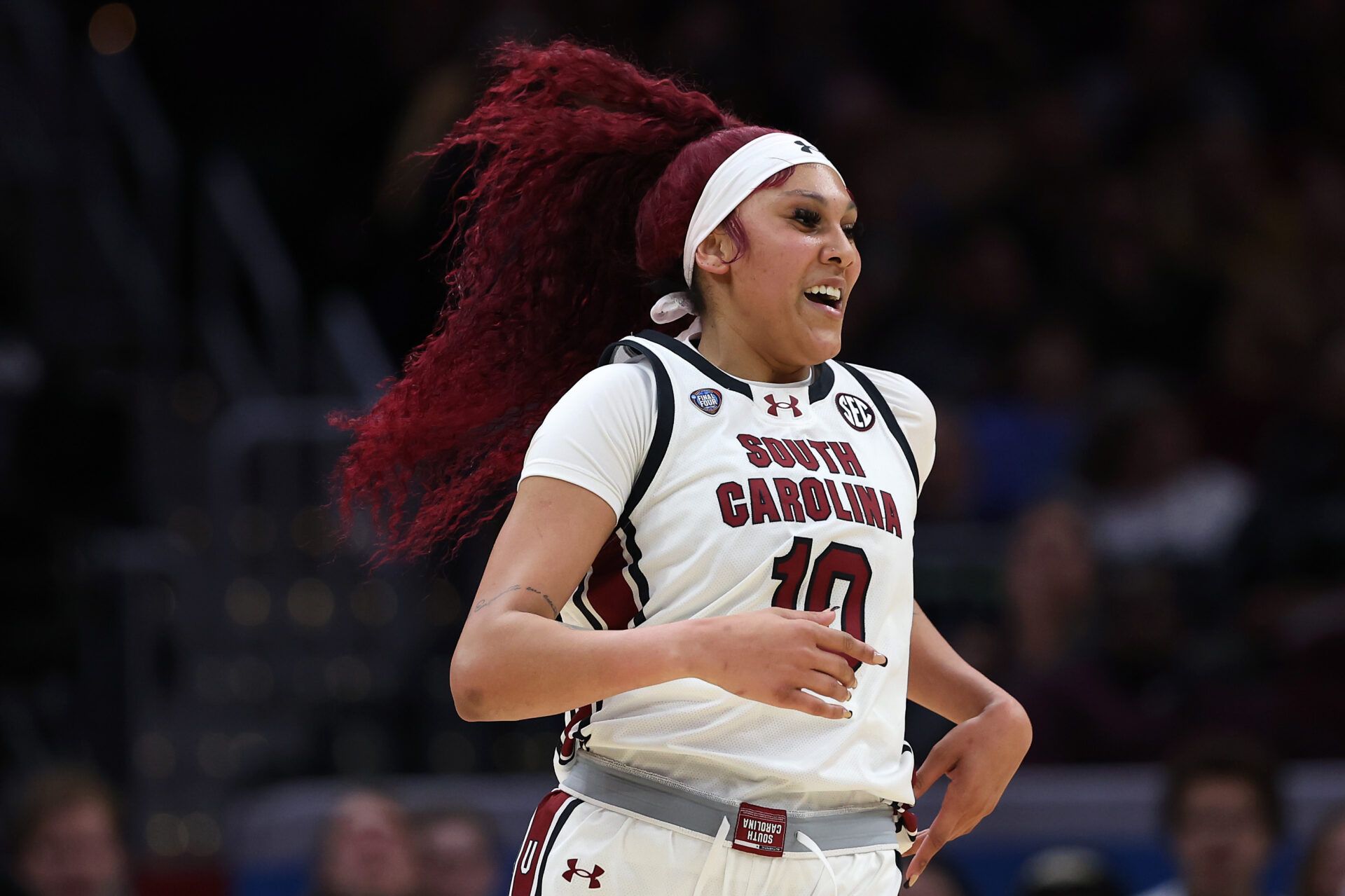 CLEVELAND, OHIO - APRIL 05: Kamilla Cardoso #10 of the South Carolina Gamecocks reacts in the second half during the NCAA Women's Basketball Tournament Final Four semifinal game against the NC State Wolfpack at Rocket Mortgage Fieldhouse on April 05, 2024 in Cleveland, Ohio. (Photo by Steph Chambers/Getty Images)