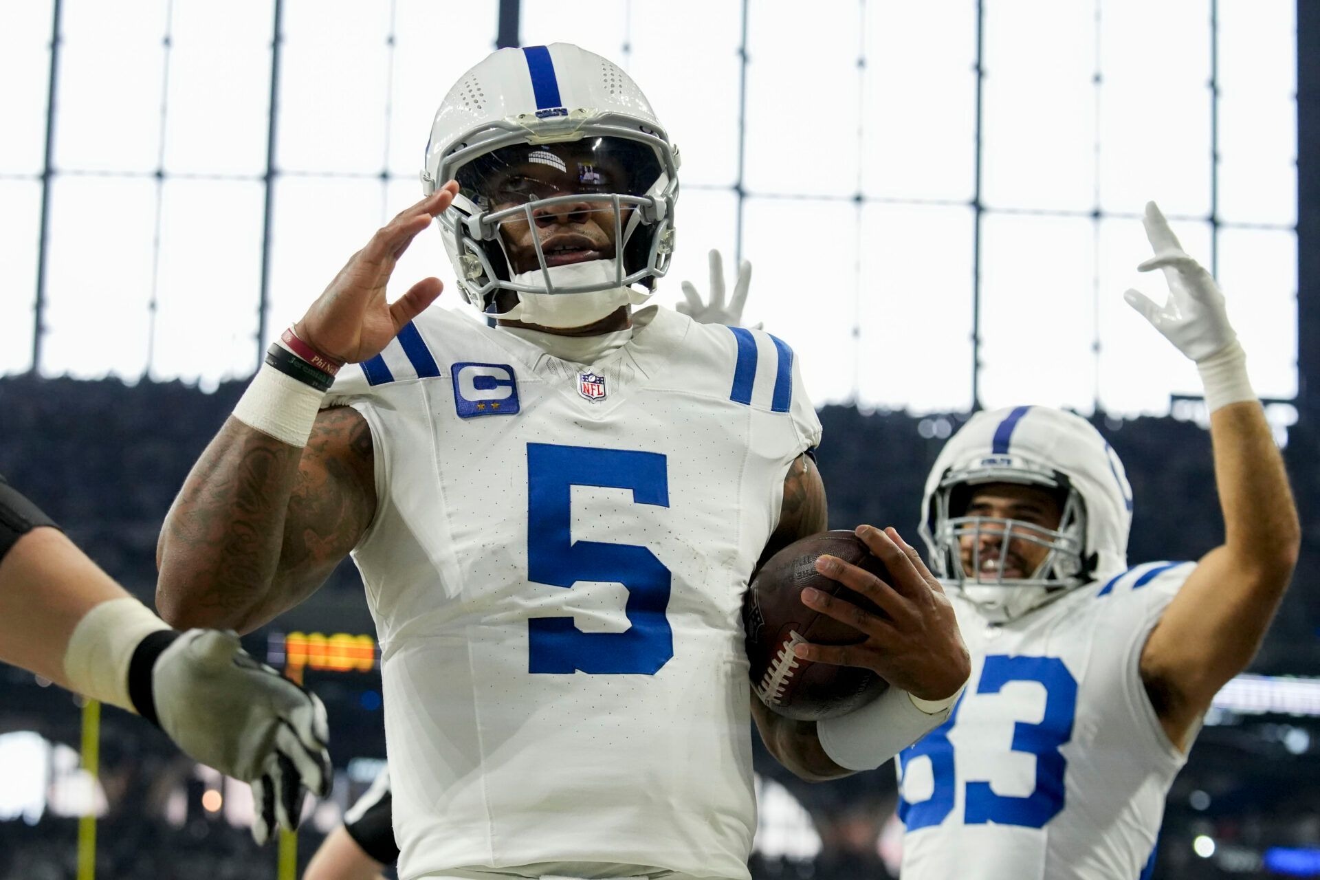 Dec 22, 2024; Indianapolis, Indiana, USA; Indianapolis Colts quarterback Anthony Richardson (5) celebrates after rushing for a touchdown during a game against the Tennessee Titans at Lucas Oil Stadium. Mandatory Credit: Christine Tannous/USA Today Network via Imagn Images