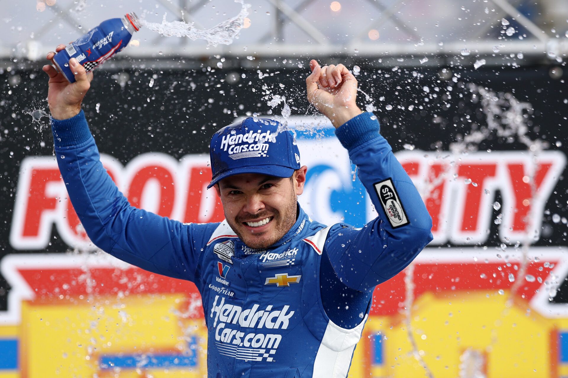 BRISTOL, TENNESSEE - APRIL 13: Kyle Larson, driver of the #5 HendrickCars.com Chevrolet, celebrates in victory lane after winning the NASCAR Cup Series Food City 500 at Bristol Motor Speedway on April 13, 2025 in Bristol, Tennessee. (Photo by Jared C. Tilton/Getty Images)