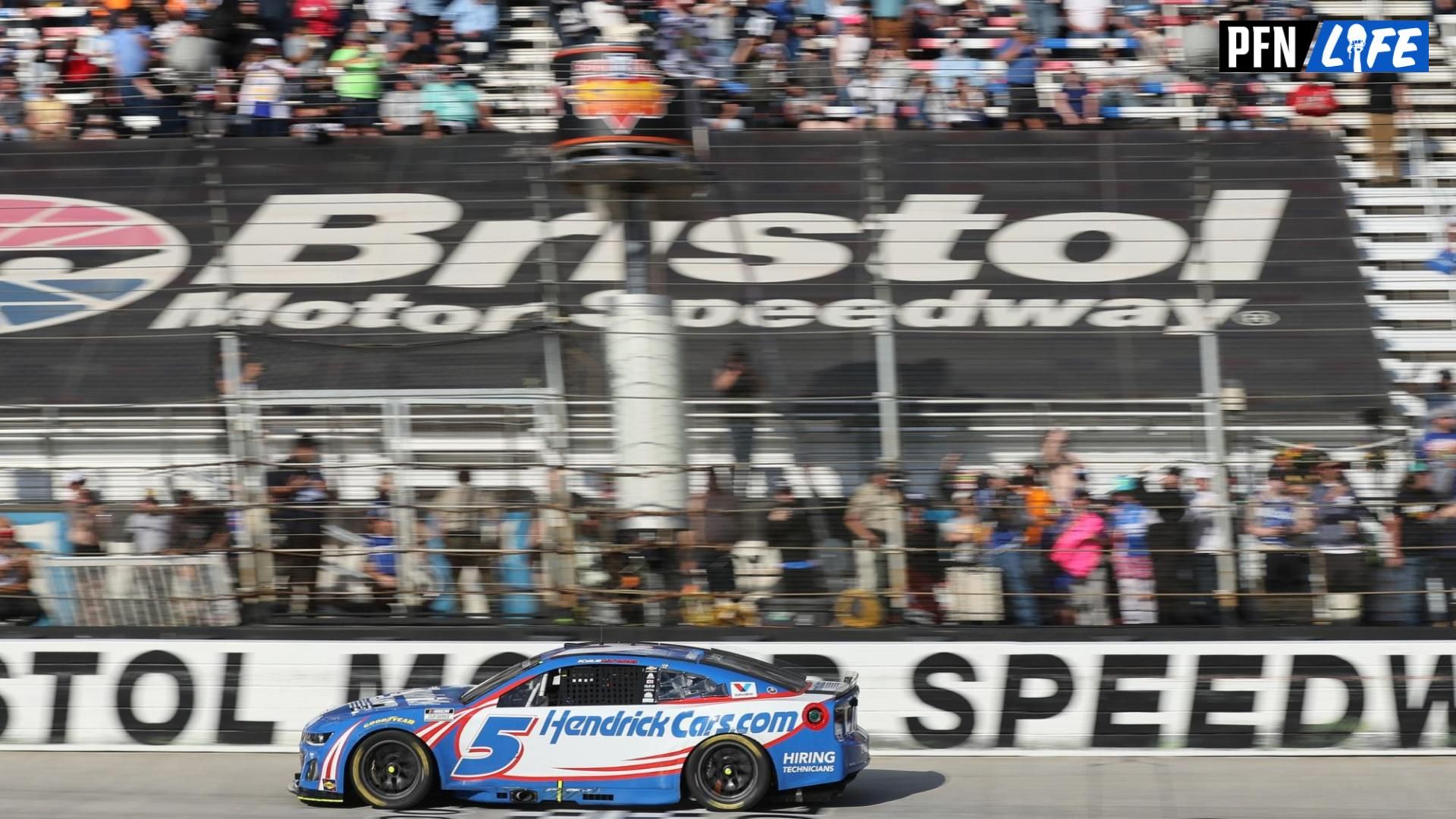 NASCAR Cup Series driver Kyle Larson (5) wins the NASCAR Food City 500 at Bristol Motor Speedway.