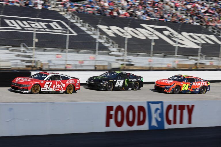 NASCAR Cup Series driver Cody Ware (51) and driver Ty Gibbs (54) and driver William Byron (24) during the NASCAR Food City 500 at Bristol Motor Speedway.