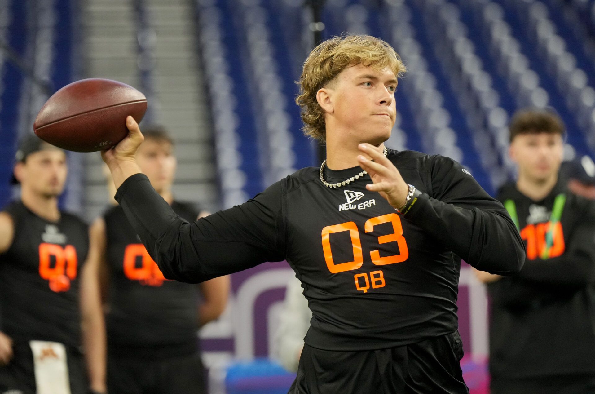 Mar 1, 2025; Indianapolis, IN, USA; Mississippi quarterback Jaxson Dart (QB03) during the 2025 NFL Combine at Lucas Oil Stadium. Mandatory Credit: Kirby Lee-Imagn Images