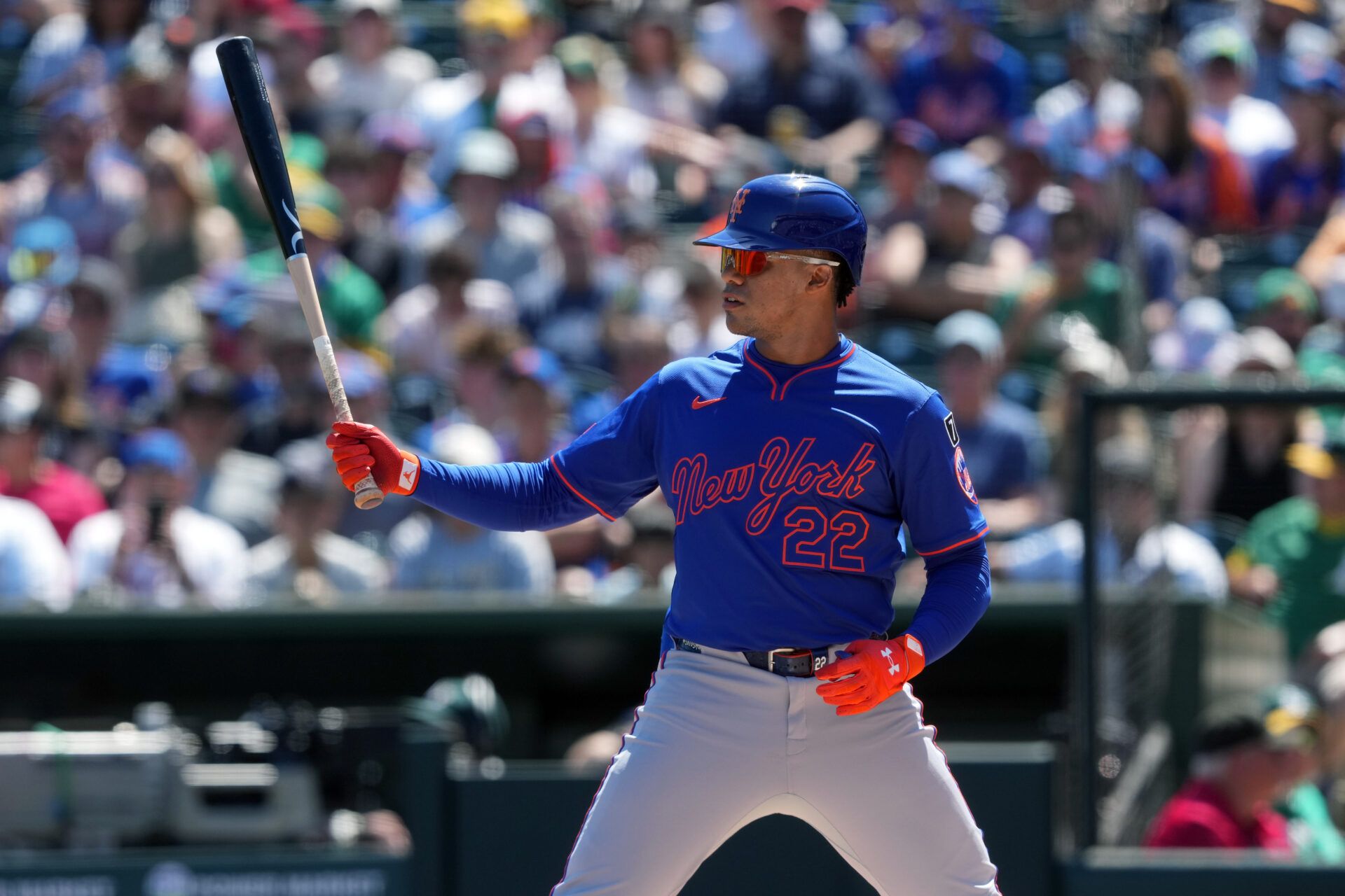 Apr 13, 2025; West Sacramento, California, USA; New York Mets right fielder Juan Soto (22) bats during the first inning against the Athletics at Sutter Health Park. Mandatory Credit: Darren Yamashita-Imagn Images