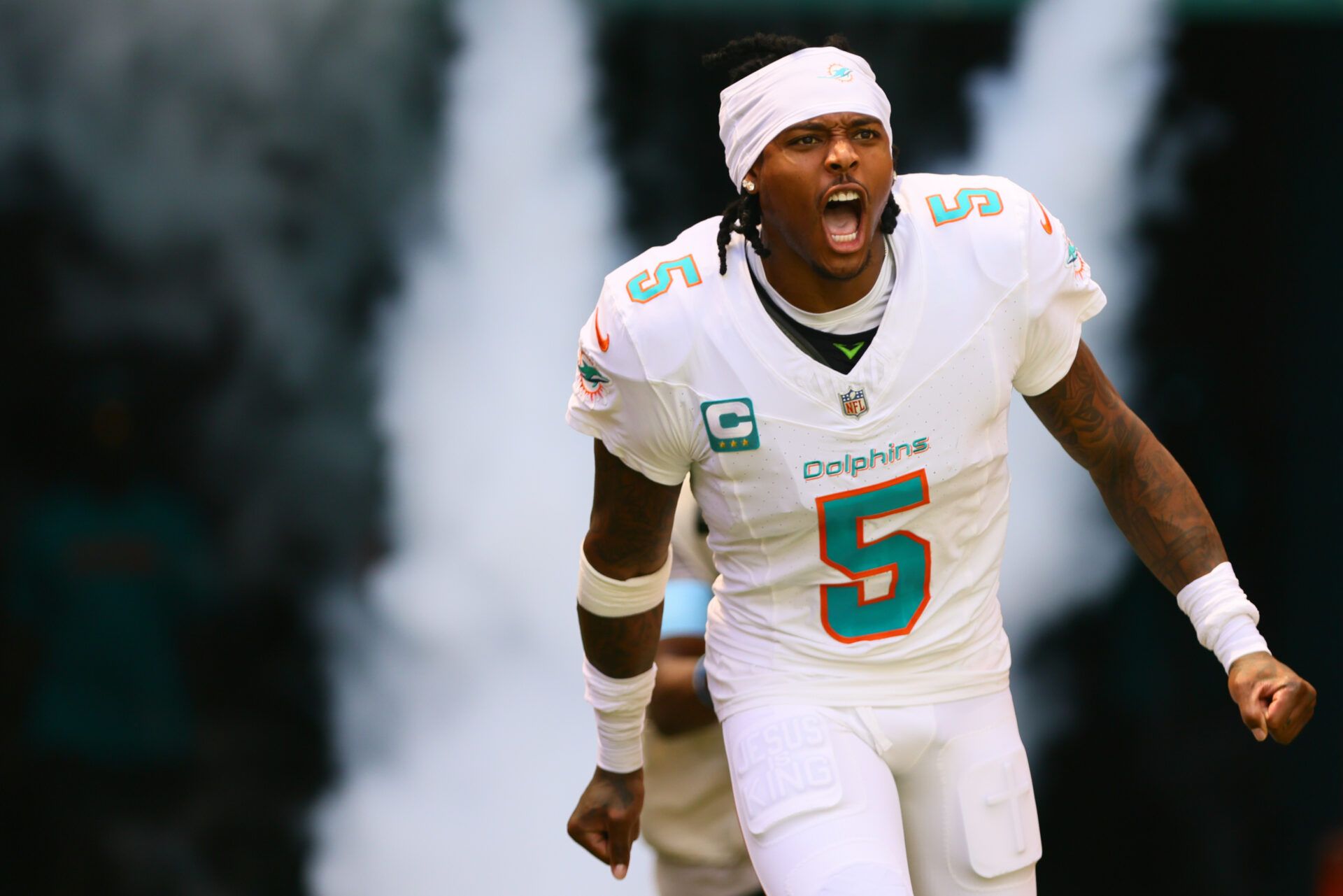 Sep 8, 2024; Miami Gardens, Florida, USA; Miami Dolphins cornerback Jalen Ramsey (5) runs onto the field before the game against the Jacksonville Jaguars at Hard Rock Stadium. Mandatory Credit: Sam Navarro-Imagn Images