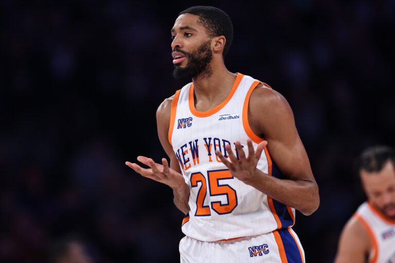 NEW YORK, NEW YORK - APRIL 11: Mikal Bridges #25 of the New York Knicks reacts after making a three-point shot during the first quarter of the game against the Cleveland Cavaliers at Madison Square Garden on April 11, 2025 in New York City. NOTE TO USER: User expressly acknowledges and agrees that, by downloading and or using this photograph, User is consenting to the terms and conditions of the Getty Images License Agreement. (Photo by Dustin Satloff/Getty Images)