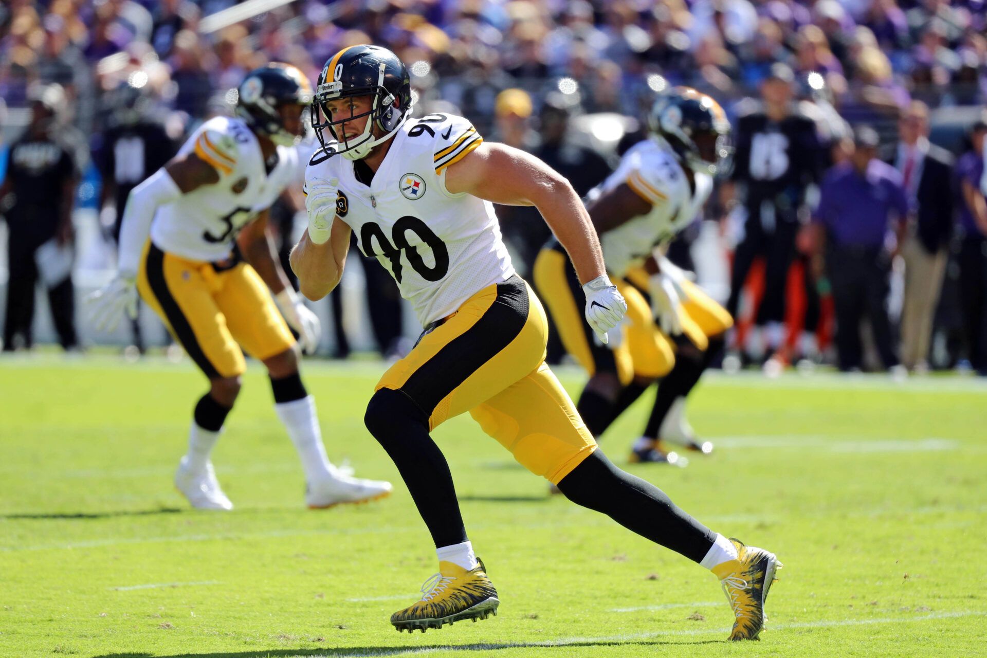 Oct 1, 2017; Baltimore, MD, USA; Pittsburgh Steelers linebacker TJ Watt (90) defends a pass against the Baltimore Ravens at M&T Bank Stadium. Mandatory Credit: Mitch Stringer-USA TODAY Sports