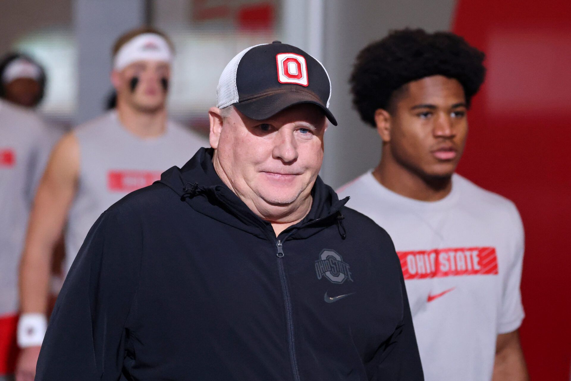 Jan 20, 2025; Atlanta, GA, USA; Ohio State Buckeyes offensive coordinator Chip Kelly before the CFP National Championship college football game at Mercedes-Benz Stadium. Mandatory Credit: Mark J. Rebilas-Imagn Images
