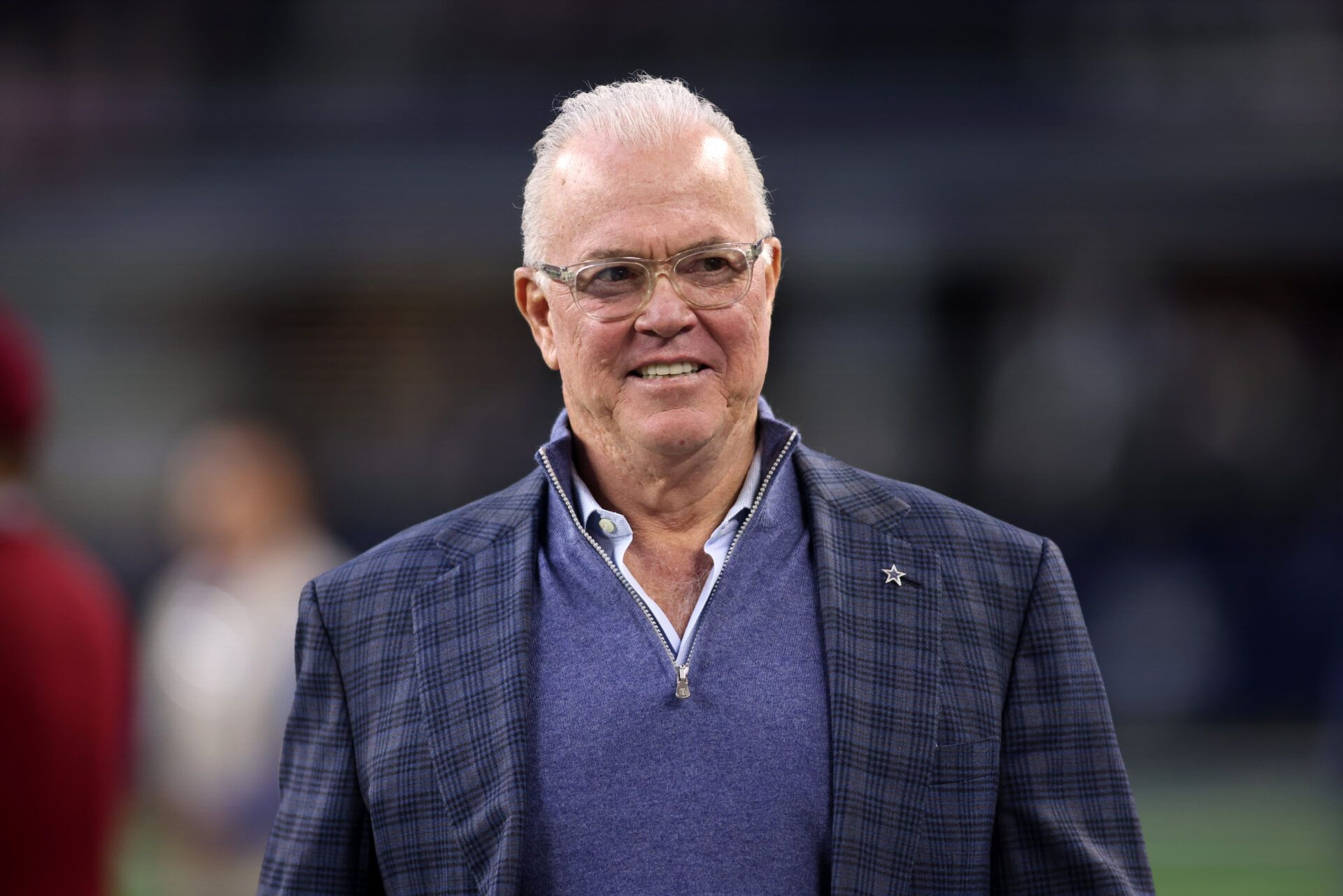 Dec 22, 2024; Arlington, Texas, USA; Dallas Cowboys CEO Stephen Jones walks on the field before the game against the Tampa Bay Buccaneers at AT&T Stadium. Mandatory Credit: Tim Heitman-Imagn Images