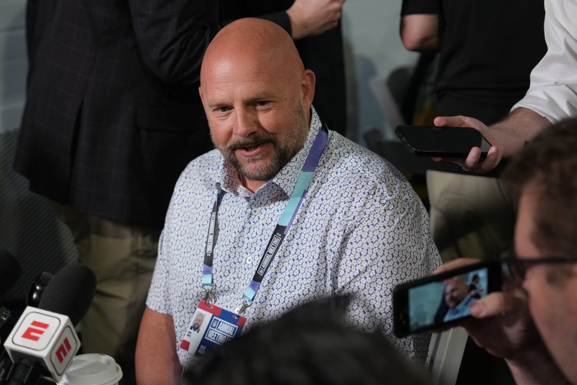 Apr 1, 2025; Palm Beach, FL, USA; New York Giants head coach Brian Daboll, center, attends the NFL Annual League Meeting at The Breakers. Mandatory Credit: Jim Rassol-Imagn Images