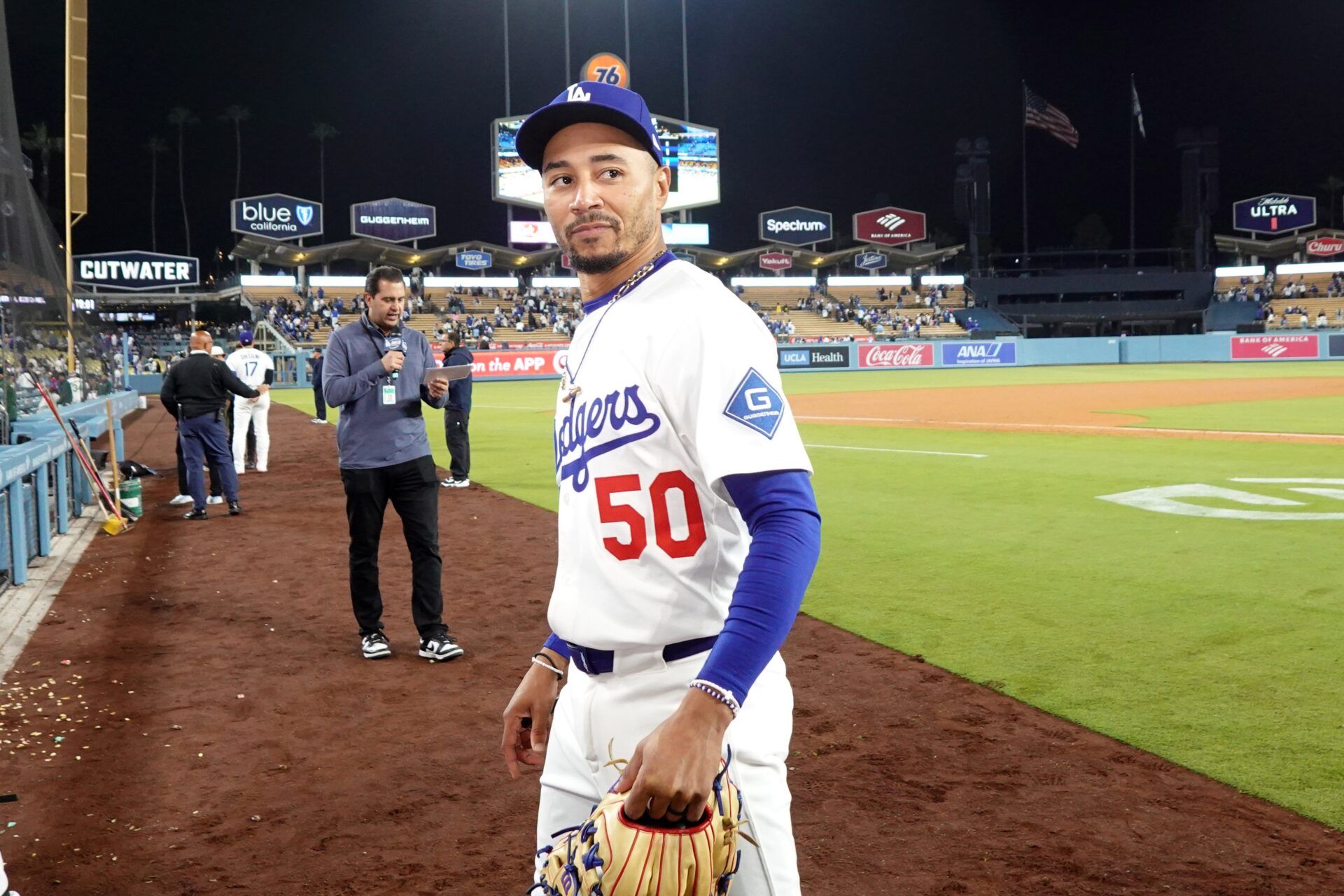 Los Angeles Dodgers shortstop Mookie Betts (50) leaves the field after a game against the Colorado Rockies at Dodger Stadium.