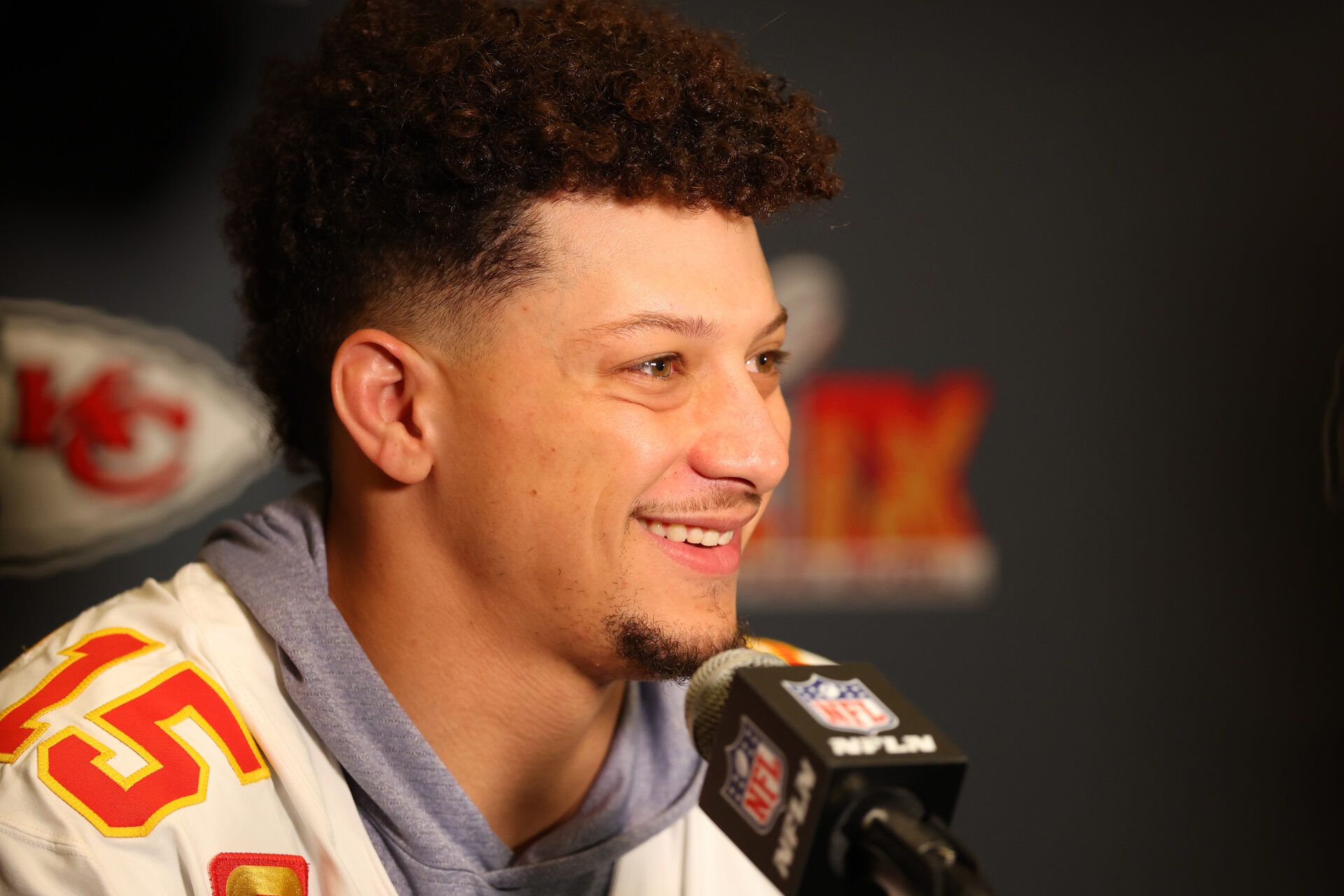 NEW ORLEANS, LOUISIANA - FEBRUARY 06: Patrick Mahomes #15 of the Kansas City Chiefs talks during media availability prior to Super Bowl LIX at the New Orleans Marriott on February 06, 2025 in New Orleans, Louisiana. (Photo by Gregory Shamus/Getty Images)