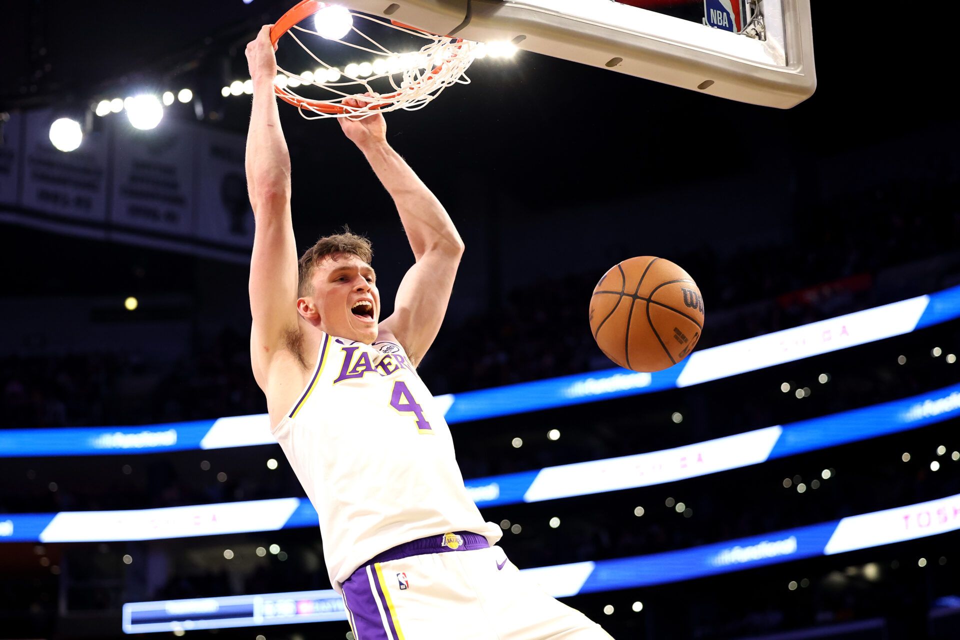 LOS ANGELES, CALIFORNIA - MARCH 02: Dalton Knecht #4 of the Los Angeles Lakers dunks the ball against the LA Clippers during the first quarter at Crypto.com Arena on March 02, 2025 in Los Angeles, California. (Photo by Luke Hales/Getty Images) NOTE TO USER: User expressly acknowledges and agrees that, by downloading and or using this photograph, user is consenting to the terms and conditions of the Getty Images License Agreement. (Photo by Luke Hales/Getty Images)