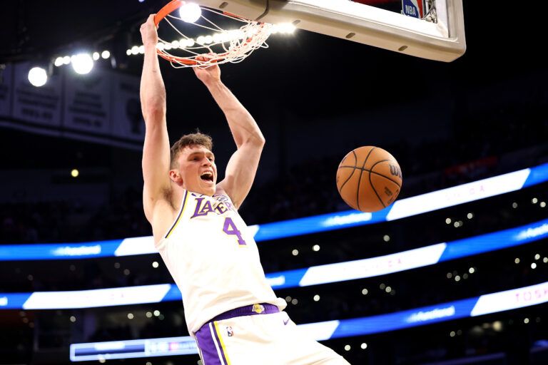 LOS ANGELES, CALIFORNIA - MARCH 02: Dalton Knecht #4 of the Los Angeles Lakers dunks the ball against the LA Clippers during the first quarter at Crypto.com Arena on March 02, 2025 in Los Angeles, California. (Photo by Luke Hales/Getty Images) NOTE TO USER: User expressly acknowledges and agrees that, by downloading and or using this photograph, user is consenting to the terms and conditions of the Getty Images License Agreement. (Photo by Luke Hales/Getty Images)