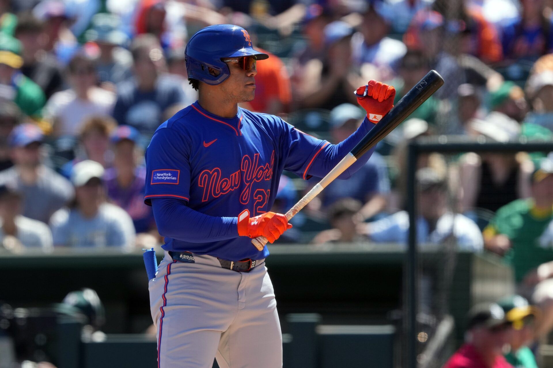New York Mets right fielder Juan Soto (22) bats against the Athletics during the first inning at Sutter Health Park.