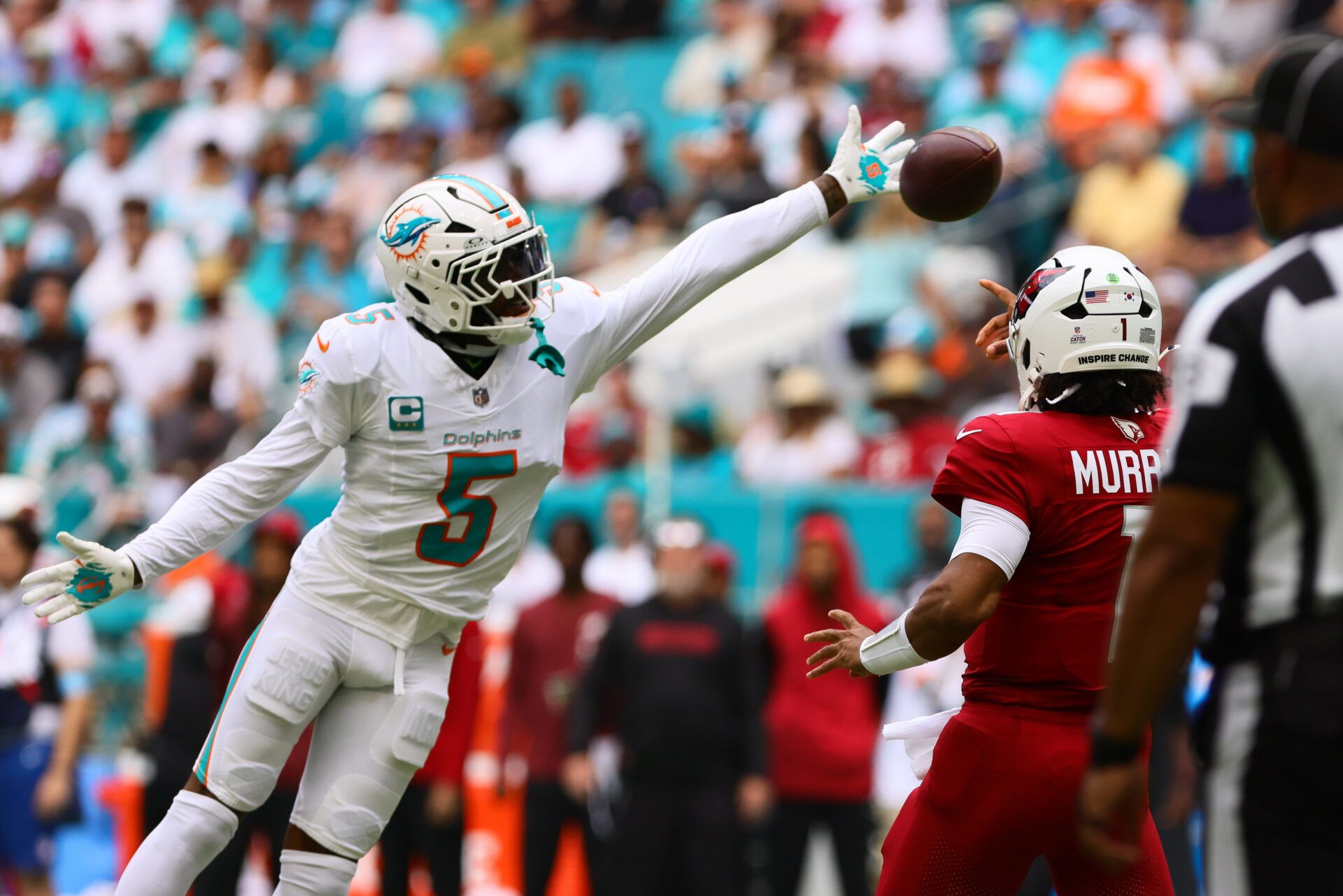Oct 27, 2024; Miami Gardens, Florida, USA; Miami Dolphins cornerback Jalen Ramsey (5) block a pass from Arizona Cardinals quarterback Kyler Murray (1) during the first quarter at Hard Rock Stadium. Mandatory Credit: Sam Navarro-Imagn Images