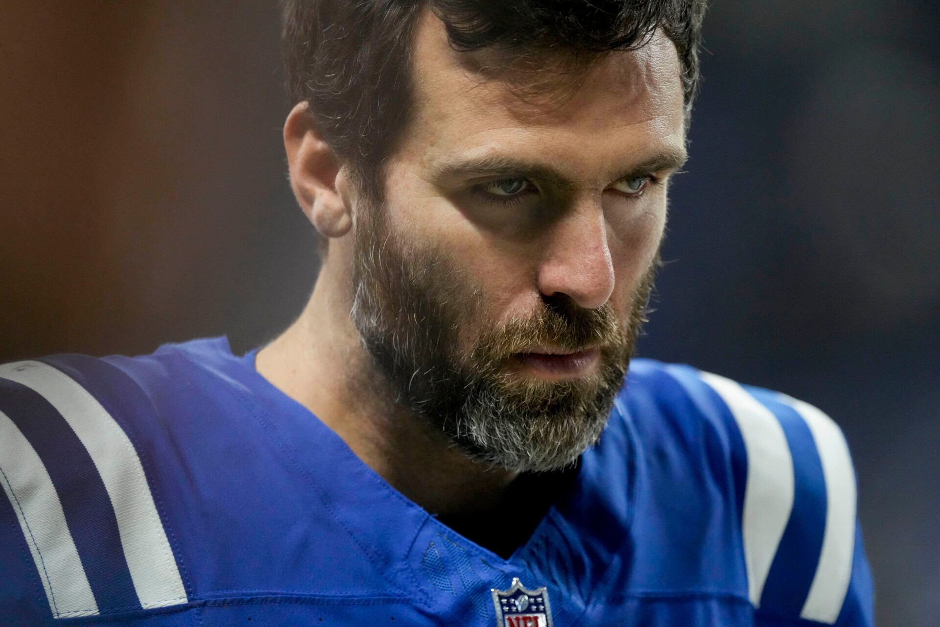 Jan 5, 2025; Indianapolis, Indiana, USA; Indianapolis Colts quarterback Joe Flacco (15) leaves the field after defeating the Jacksonville Jaguars 26-23 in overtime at Lucas Oil Stadium. Mandatory Credit: Grace Hollars/USA TODAY Network via Imagn Images
