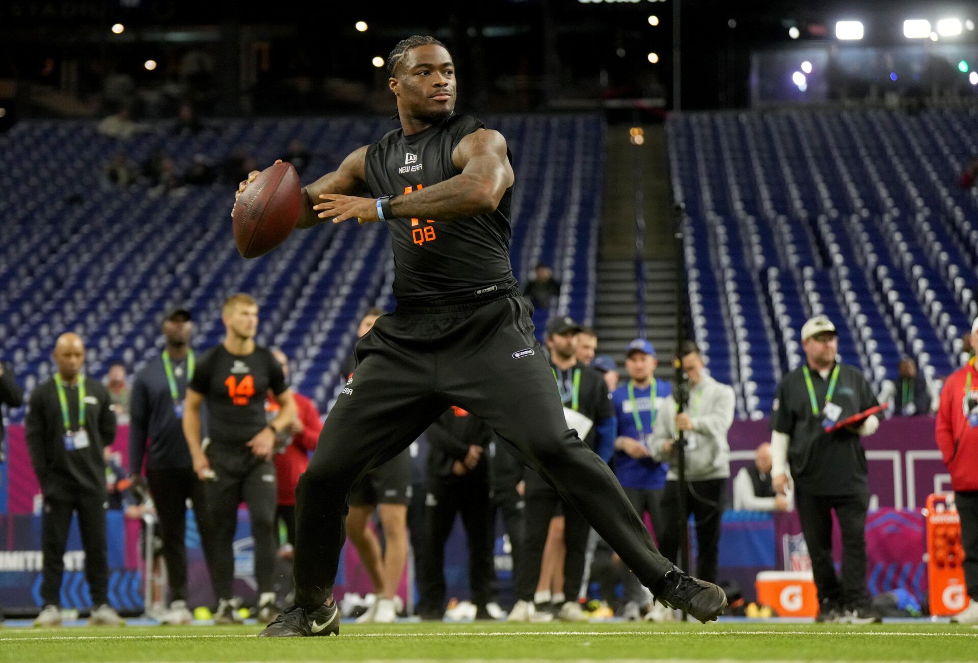 Alabama quarterback Jalen Milroe (QB11) during the 2025 NFL Combine at Lucas Oil Stadium.