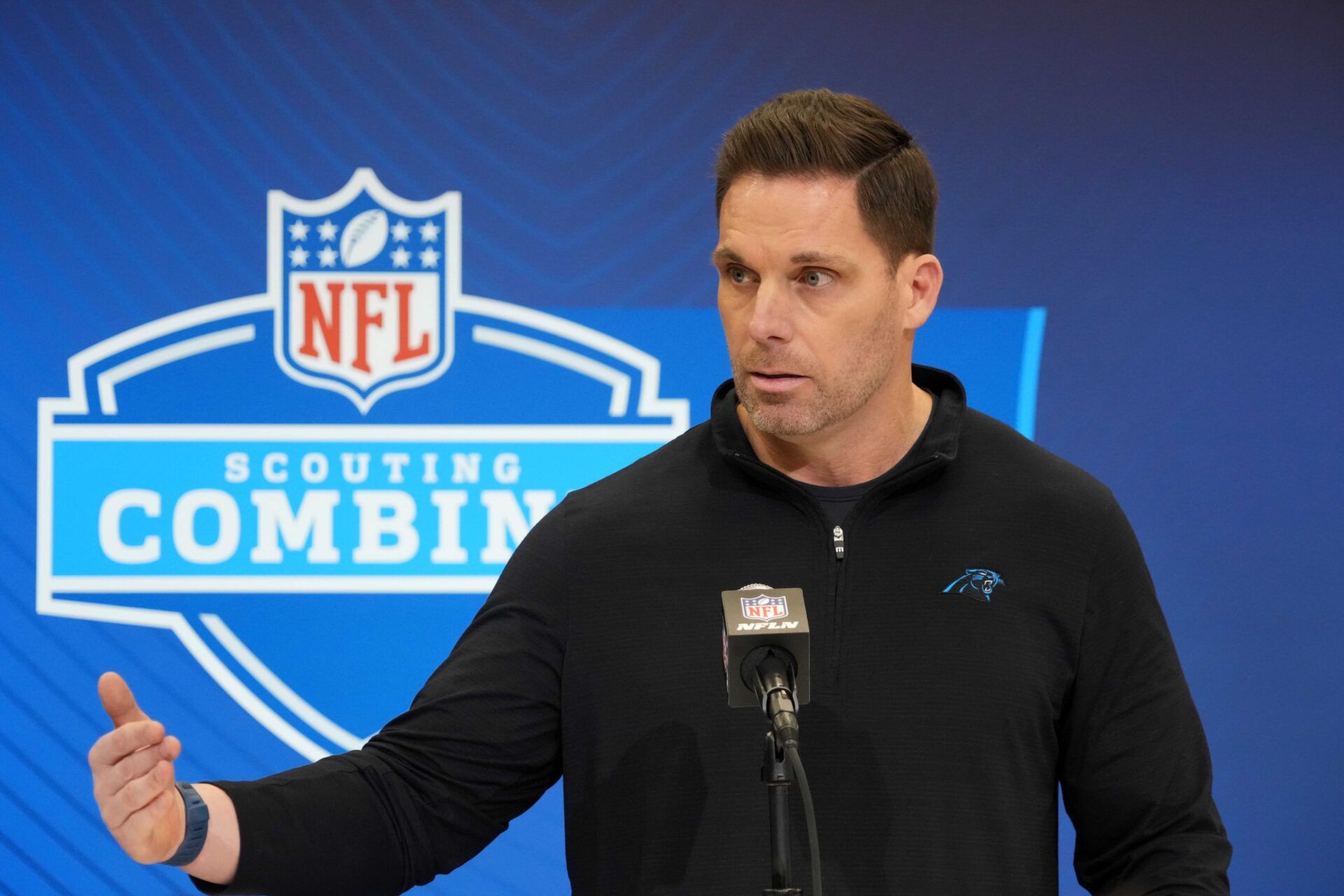 Carolina Panthers general manager Dan Morgan speaks during the NFL Scouting Combine at the Indiana Convention Center.