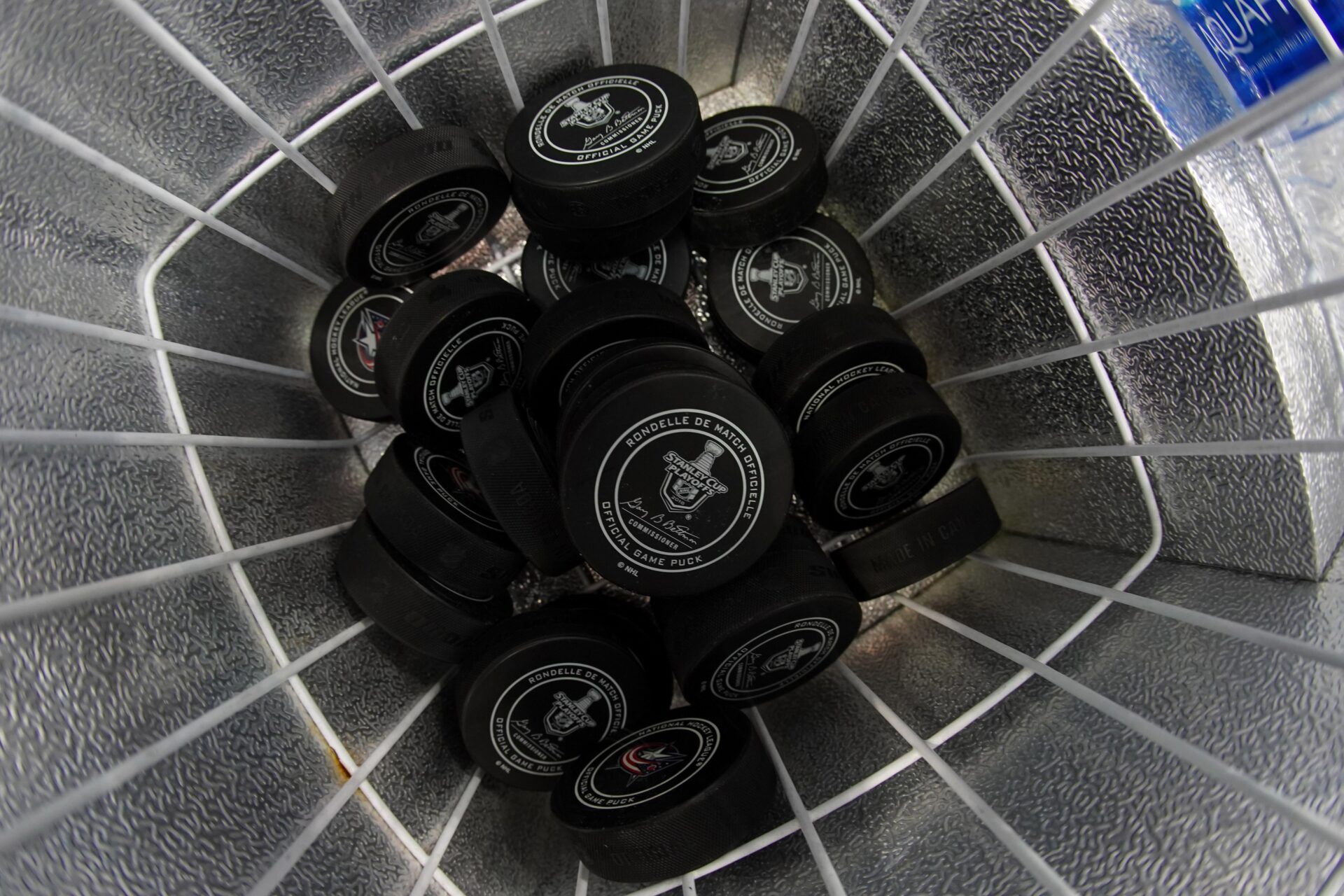 A view of official NHL game pucks with the Stanley Cup logo prior to the Washington Capitals against the Columbus Blue Jackets in game four of the first round of the 2018 Stanley Cup Playoffs at Nationwide Arena.