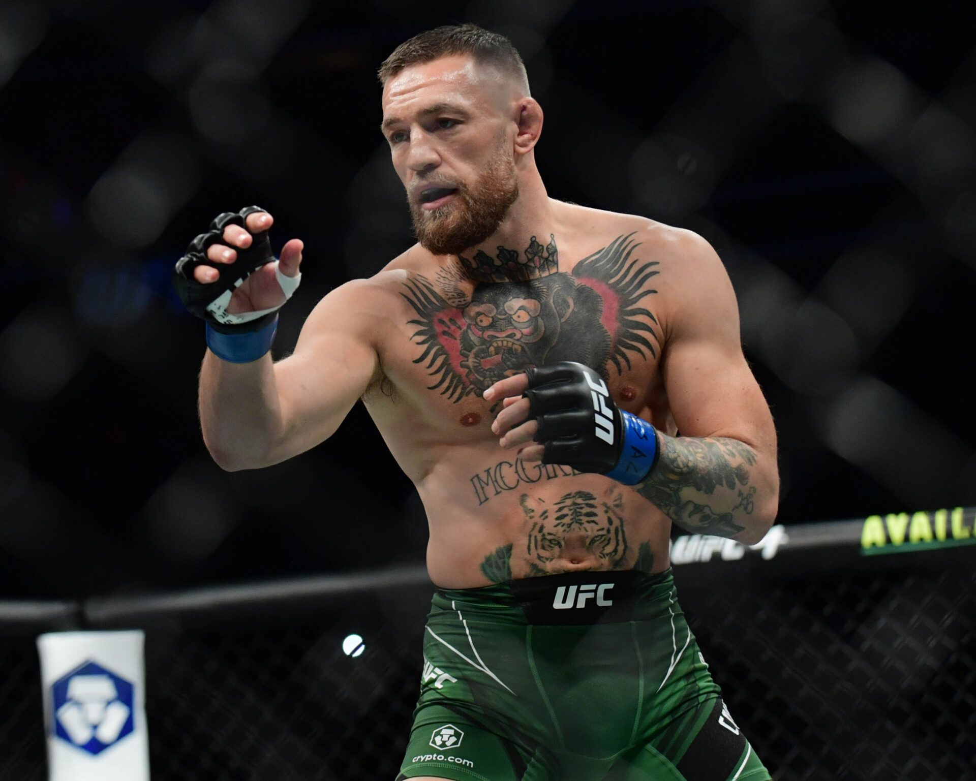 Jul 10, 2021; Las Vegas, Nevada, USA; Conor McGregor fights Dustin Poirier during UFC 264 at T-Mobile Arena. Mandatory Credit: Gary A. Vasquez-Imagn Images