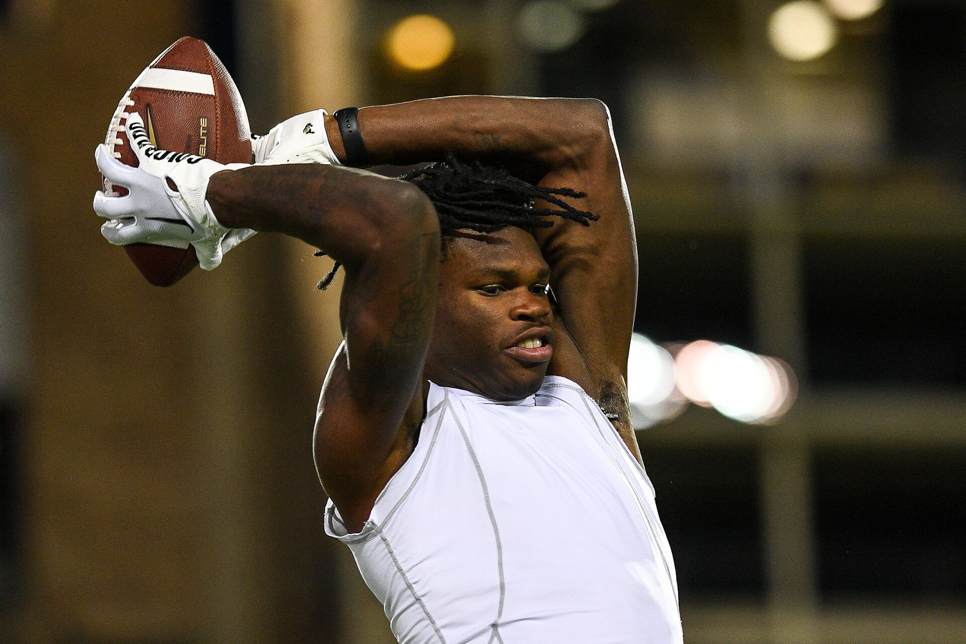 BOULDER, CO - NOVEMBER 4: Travis Hunter #12 of the Colorado Buffaloes warms up before a game against the Oregon State Beavers at Folsom Field on November 4, 2023 in Boulder, Colorado. (Photo by Dustin Bradford/Getty Images)