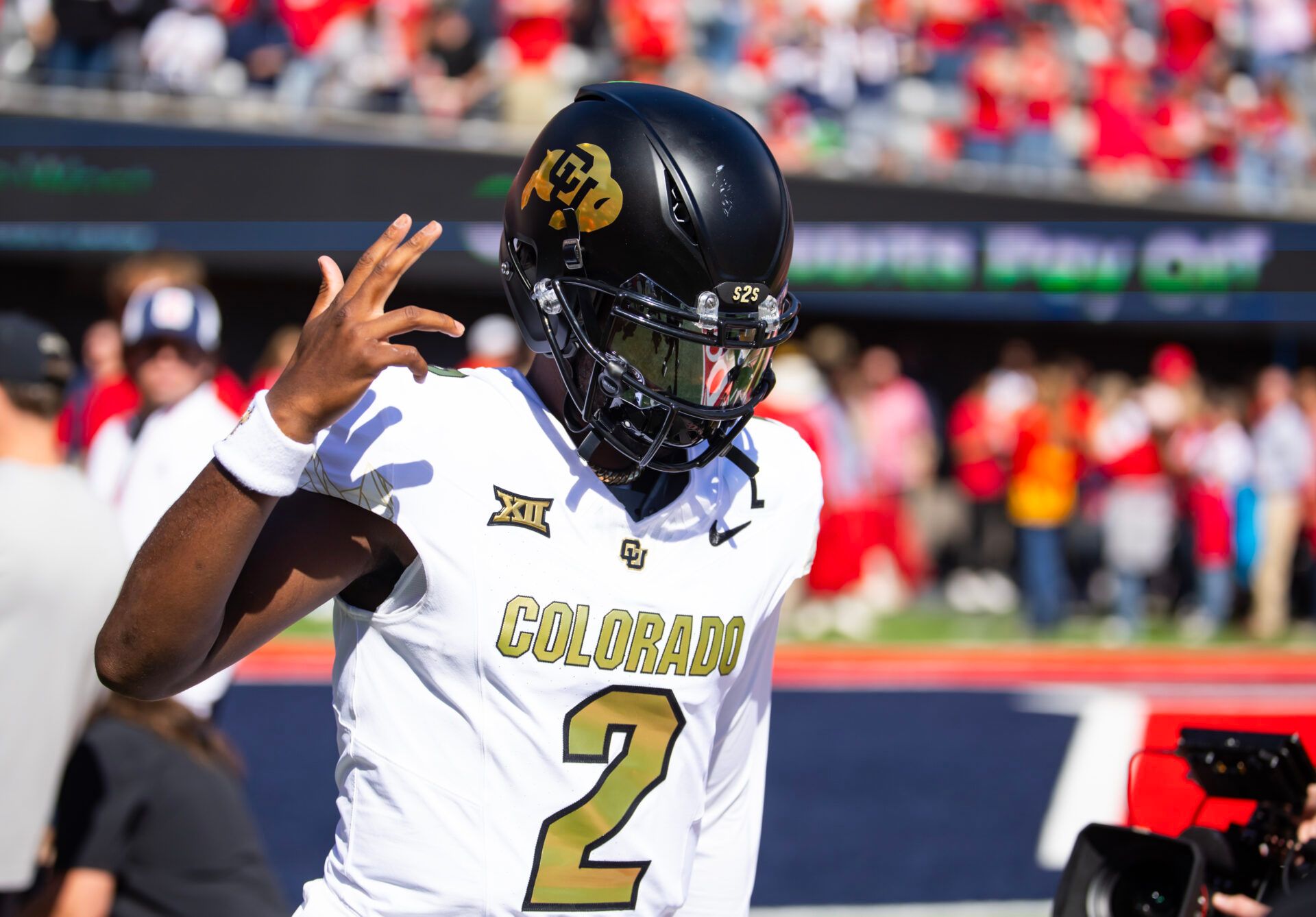Oct 19, 2024; Tucson, Arizona, USA; Colorado Buffalos quarterback Shedeur Sanders (2) reacts against the Arizona Wildcats at Arizona Stadium. Mandatory Credit: Mark J. Rebilas-Imagn Images