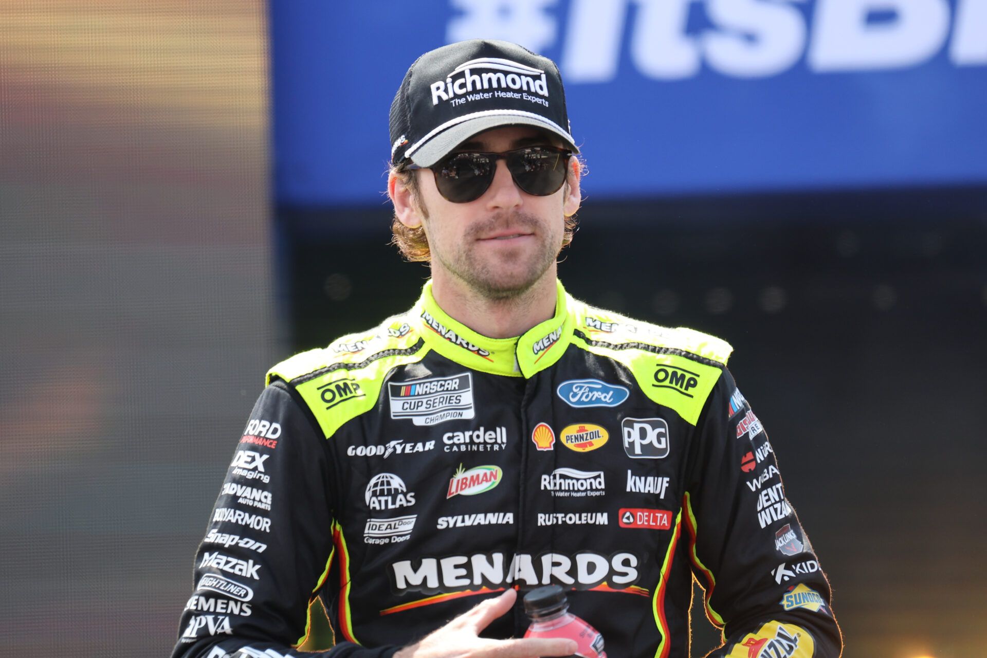 Apr 13, 2025; Bristol, Tennessee, USA; NASCAR Cup Series driver Ryan Blaney (12) during driver introductions for the NASCAR Food City 500 at Bristol Motor Speedway. Mandatory Credit: Randy Sartin-Imagn Images