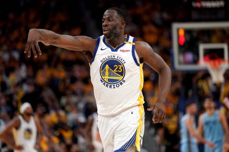 Apr 15, 2025; San Francisco, California, USA; Golden State Warriors forward Draymond Green (23) reacts after being called for a foul against the Memphis Grizzlies in the fourth quarter at the Chase Center. Mandatory Credit: Cary Edmondson-Imagn Images
