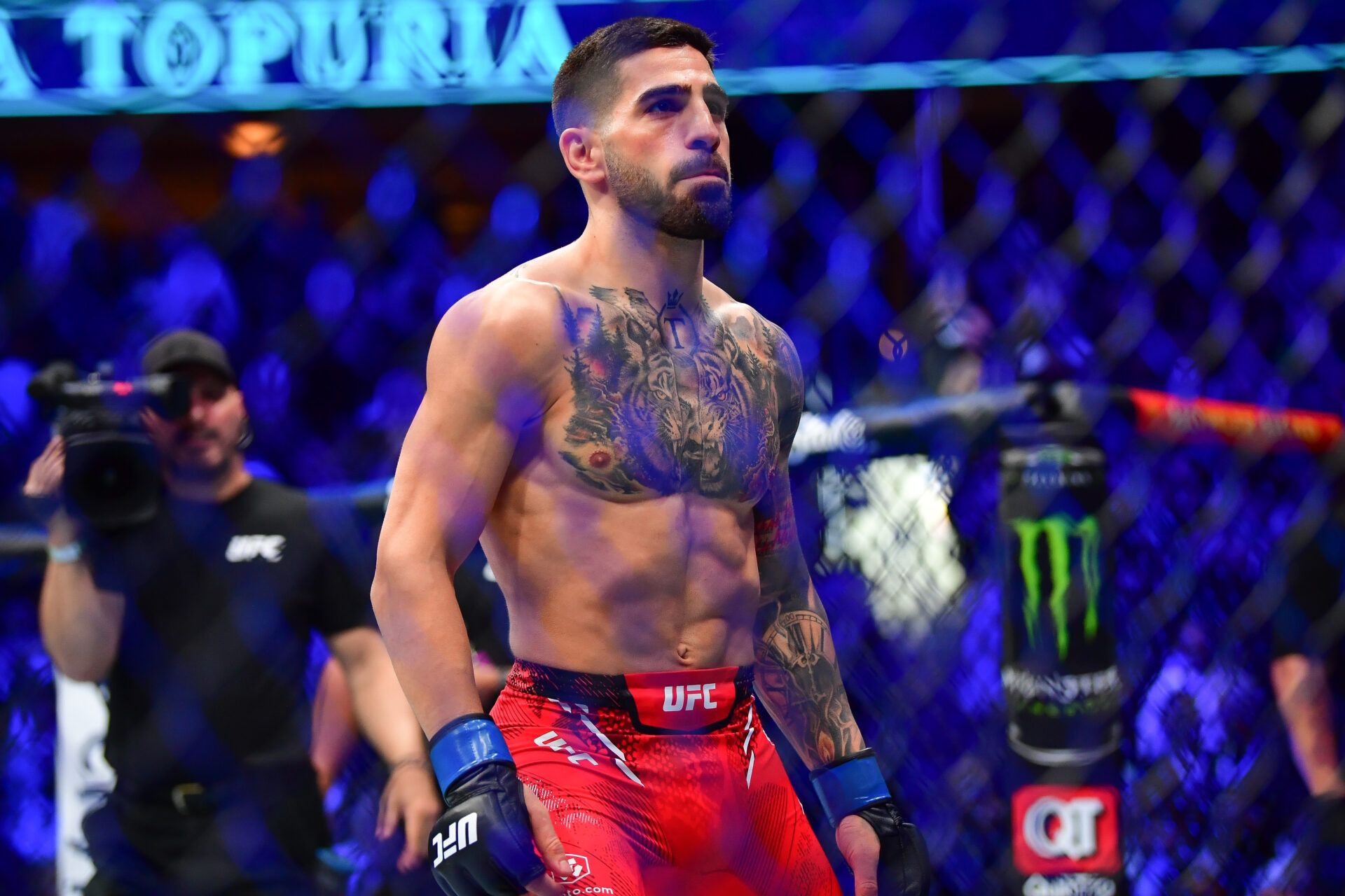 Feb 17, 2024; Anaheim, California, USA; Ilia Topuria before fighting against Alexander Volkanovski during UFC 298 at Honda Center. Mandatory Credit: Gary A. Vasquez-Imagn Images