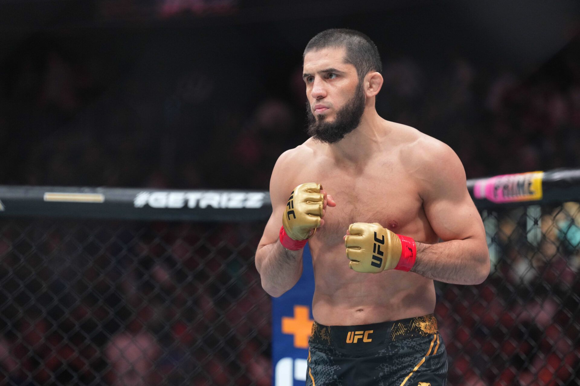 Jun 1, 2024; Newark, New Jersey, USA; Islam Makhachev (red gloves) fights Dustin Poirier (blue gloves) during UFC 302 at Prudential Center. Mandatory Credit: Joe Camporeale-Imagn Images