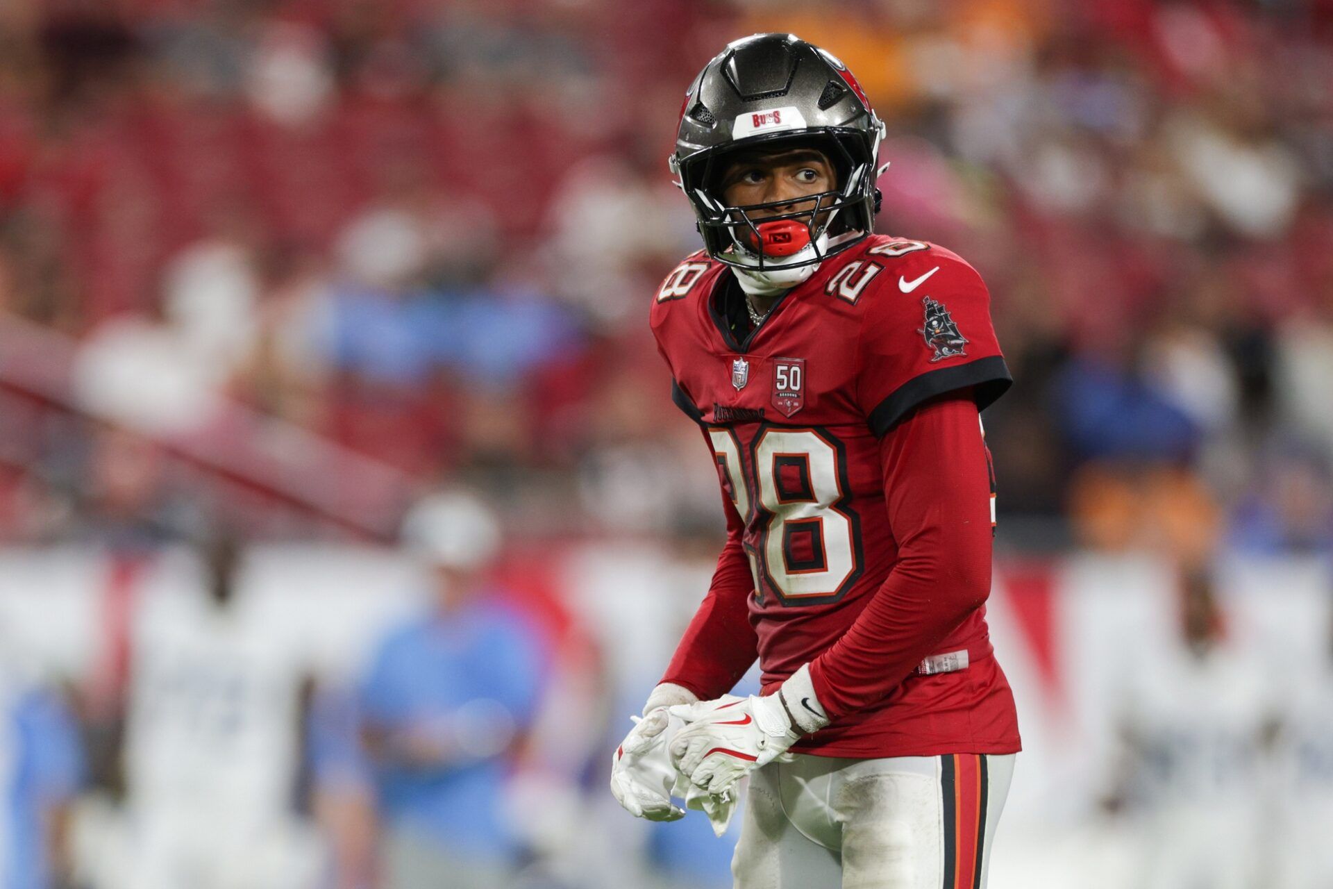 Tampa Bay Buccaneers safety Shilo Sanders (28) looks on during a preseason game against the Tennessee Titans in the fourth quarter at Raymond James Stadium.
