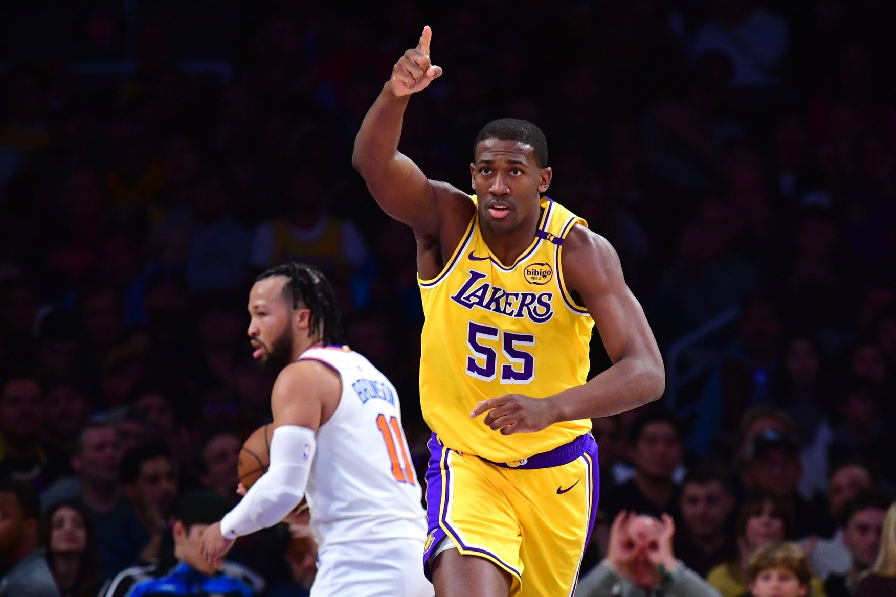 Lakers center Trey Jemison III (55) reacts after scoring a basket against the against the New York Knicks during the first half at Crypto.com Arena.