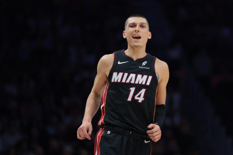 Miami Heat guard Tyler Herro (14) reacts after scoring against the Memphis Grizzlies during the third quarter at Kaseya Center.