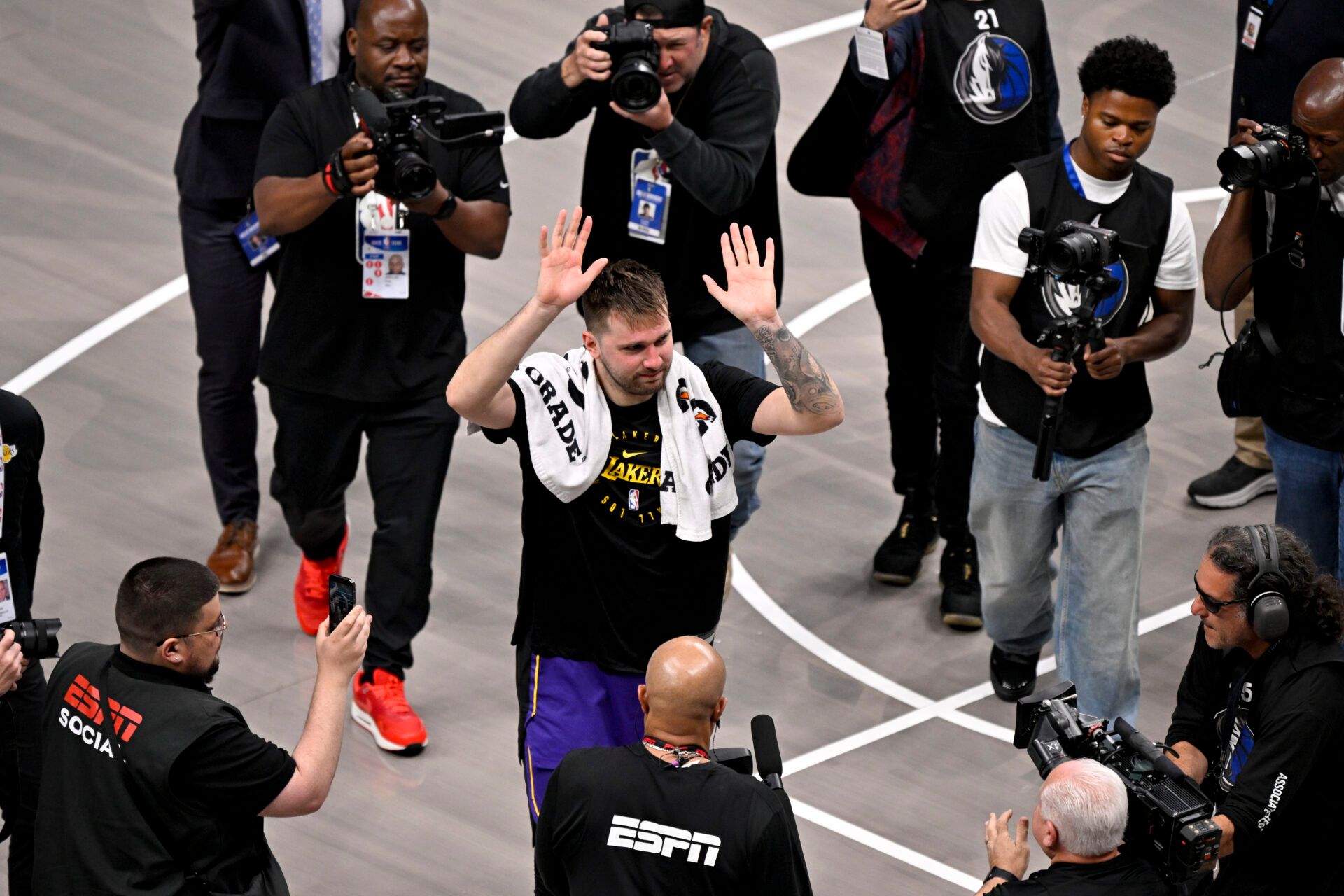 Los Angeles Lakers guard Luka Doncic (77) walks off the court after the game against the Dallas Mavericks at the American Airlines Center.