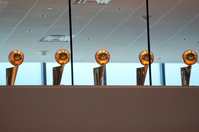 Jul 2, 2024; El Segundo, CA, USA; Los Angeles Lakers NBA Larry O'Brien Championship trophies at the UCLA Health Training Center. Mandatory Credit: Kirby Lee-Imagn Images