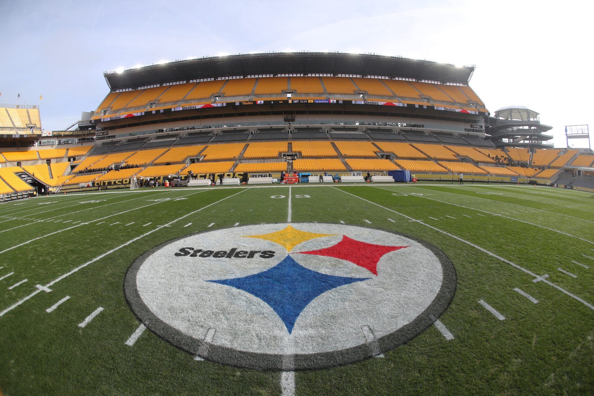 General view of the logo at mid-field before the Pittsburgh Steelers host the Baltimore Ravens at Acrisure Stadium.