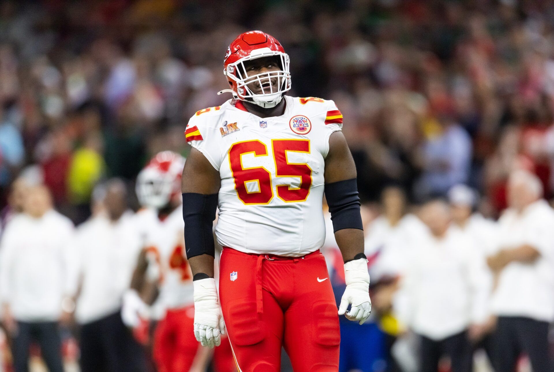 Kansas City Chiefs guard Trey Smith (65) against the Philadelphia Eagles in Super Bowl LIX at Ceasars Superdome.